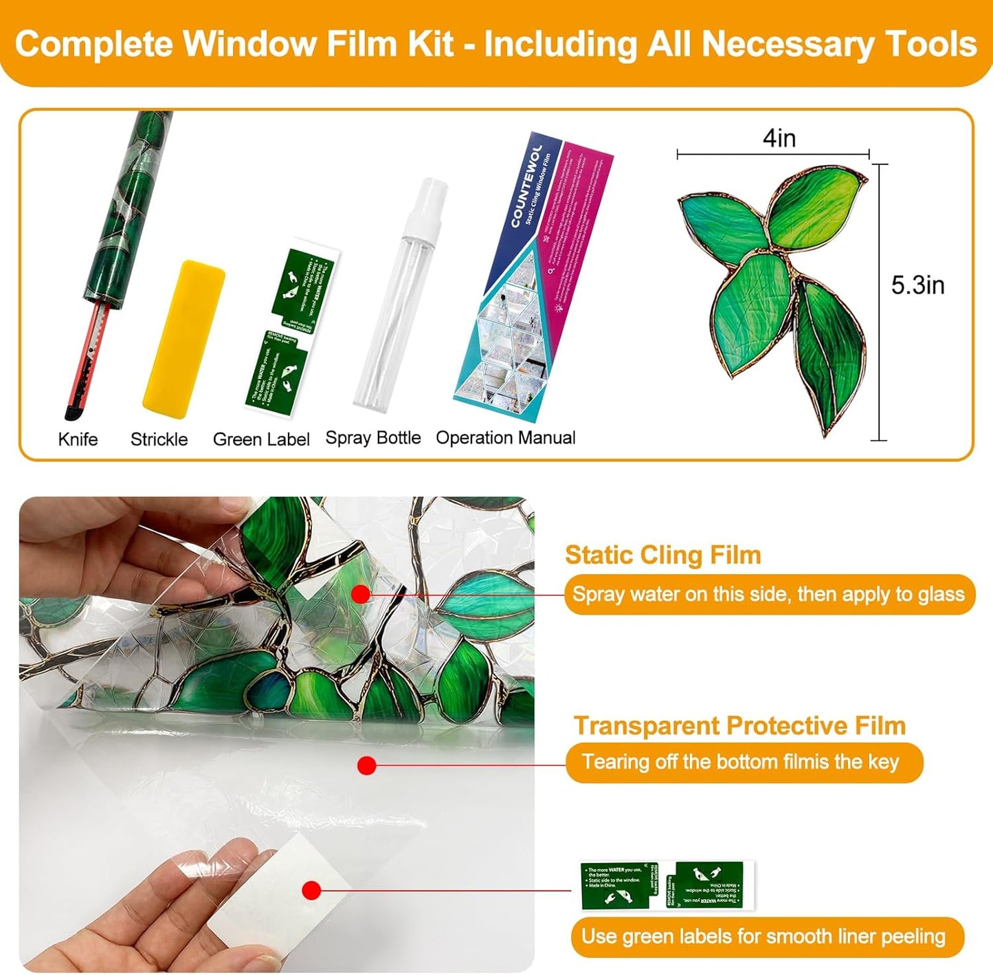 Window Privacy Film Stain Glass Window Film Rainbow Window Film Window clings Non-Adhesive Reusable Decorative for Room (Greenery Leaf, 23.6 x 78.7 in)