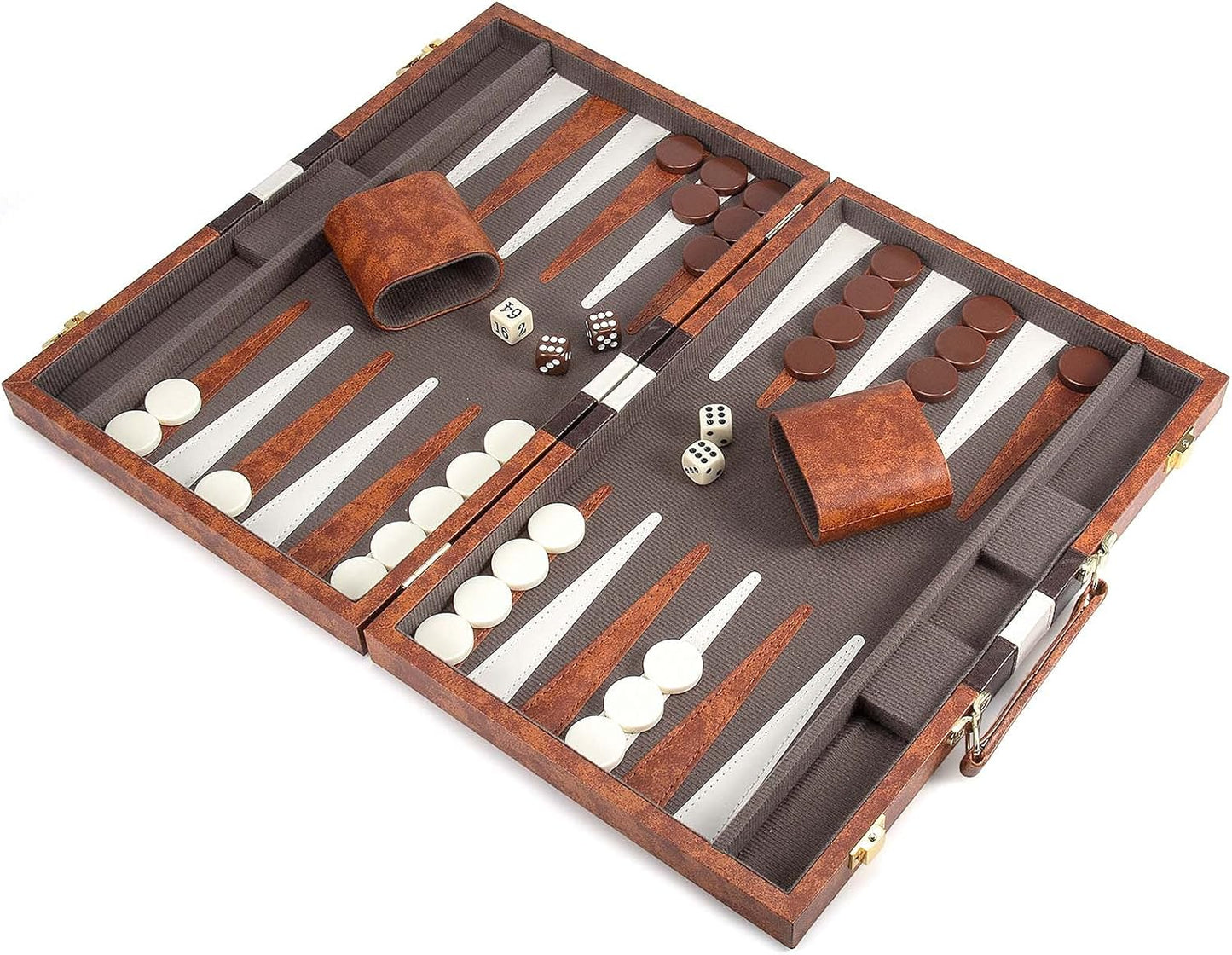 AMEROUS Backgammon Set, 15 Inches Classic Board Game with Leather Case, Folding Board, Gift Package, Portable Travel Strategy Backgammon Game Set for Adults, Kids (Medium, Brown)