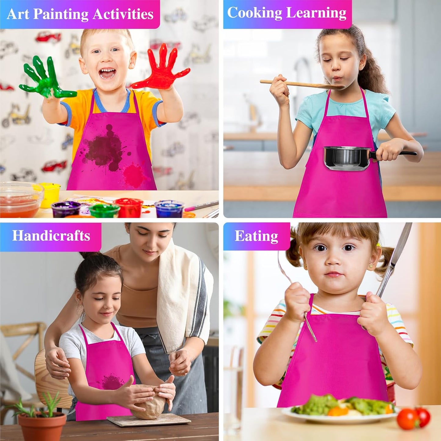 12 Pieces Rose Red Kids Painting Aprons With 2 Roomy Pockets for Art, Painting Activity, Kitchen Crafts
