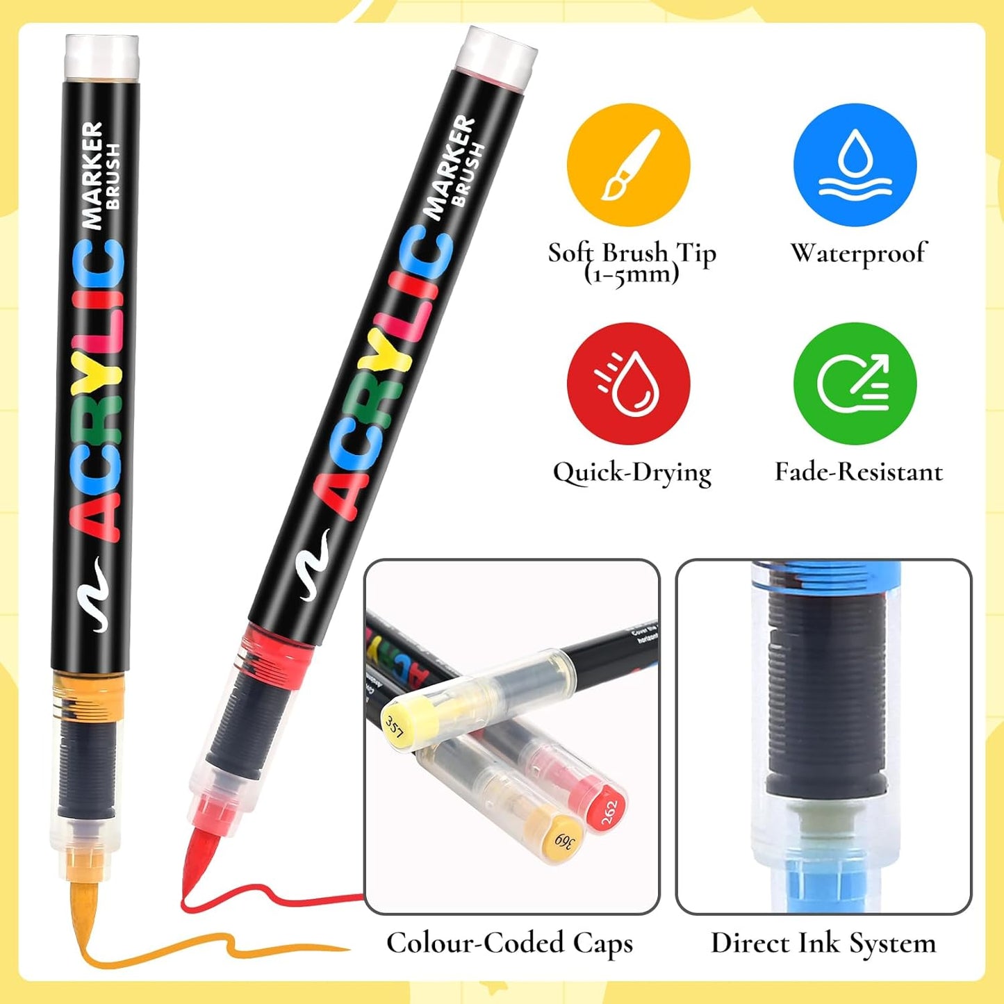 12 Colors Acrylic Paint Markers, Soft Brush Tip Pens with Direct Ink System for Rock, Wood, Fabric, Canvas, Glass, Waterproof Paint Pens for DIY Crafts, Kids & Artists