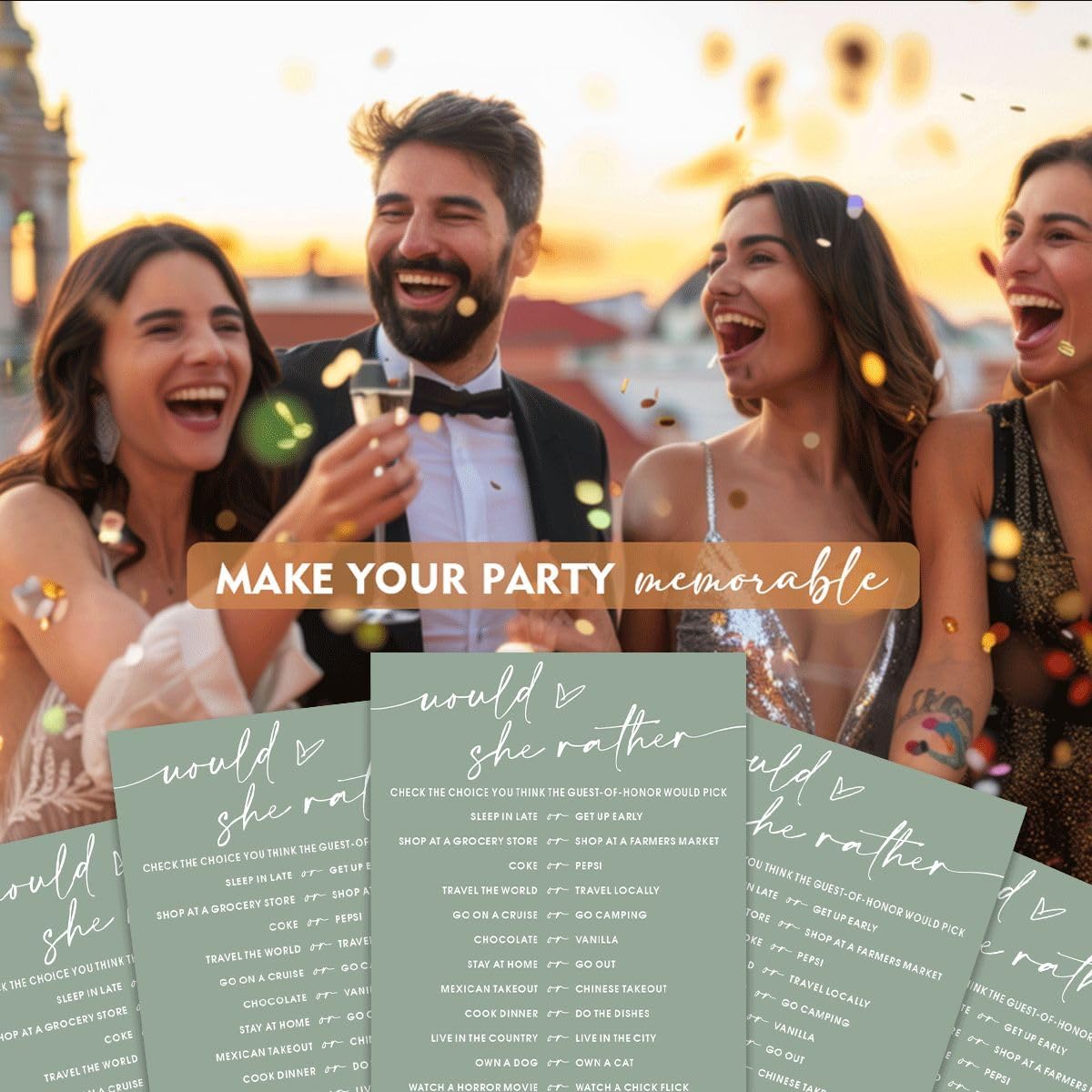 Bridal Shower Games Cards, Would She Rather Bridal Shower Game for 25 Guests, Engagement Party Wedding Games for Guests, Minimalist Green Wedding Party Supplies - C11