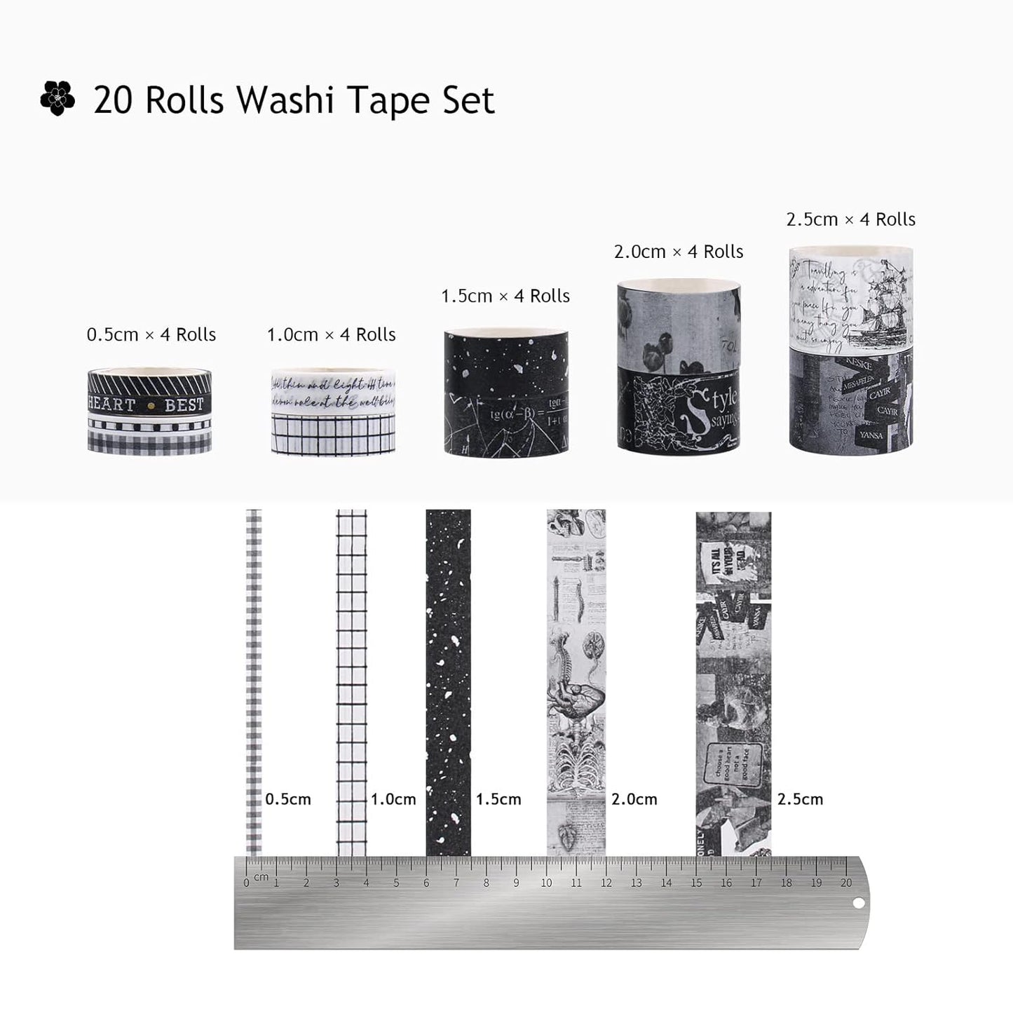 Dizdkizd Black and White Washi Tape Set, 20 Rolls Gothic Aesthetic Japanese Washi Tape Wide Scrapbooking Supplies Decorative Tape for Journaling, Planner, DIY Crafts