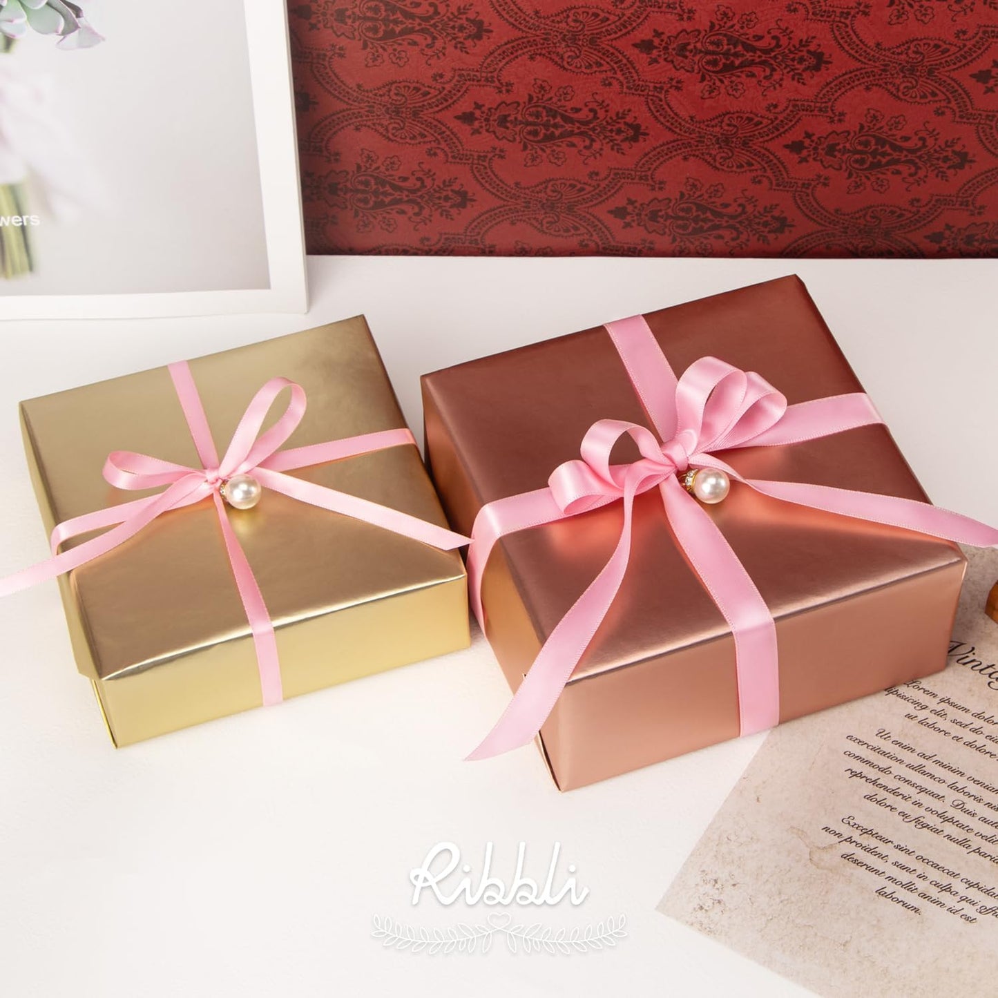 Ribbli Pink Satin Ribbon,Double Faced Satin 1/4 inch x Continuous 50 Yards,Silver Ribbon Use for Bows Bouquet,Gift Wrapping,Wedding Decoration,Floral Arrangement