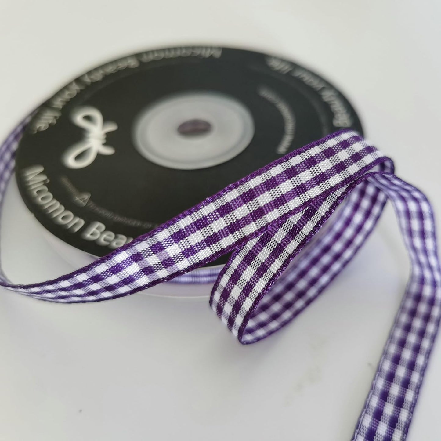 Micomon Dark Purple and White Woven Edge Plaid Ribbon 100% Polyester Gingham Ribbon 25 Yards Each Roll (3/8",Grape)