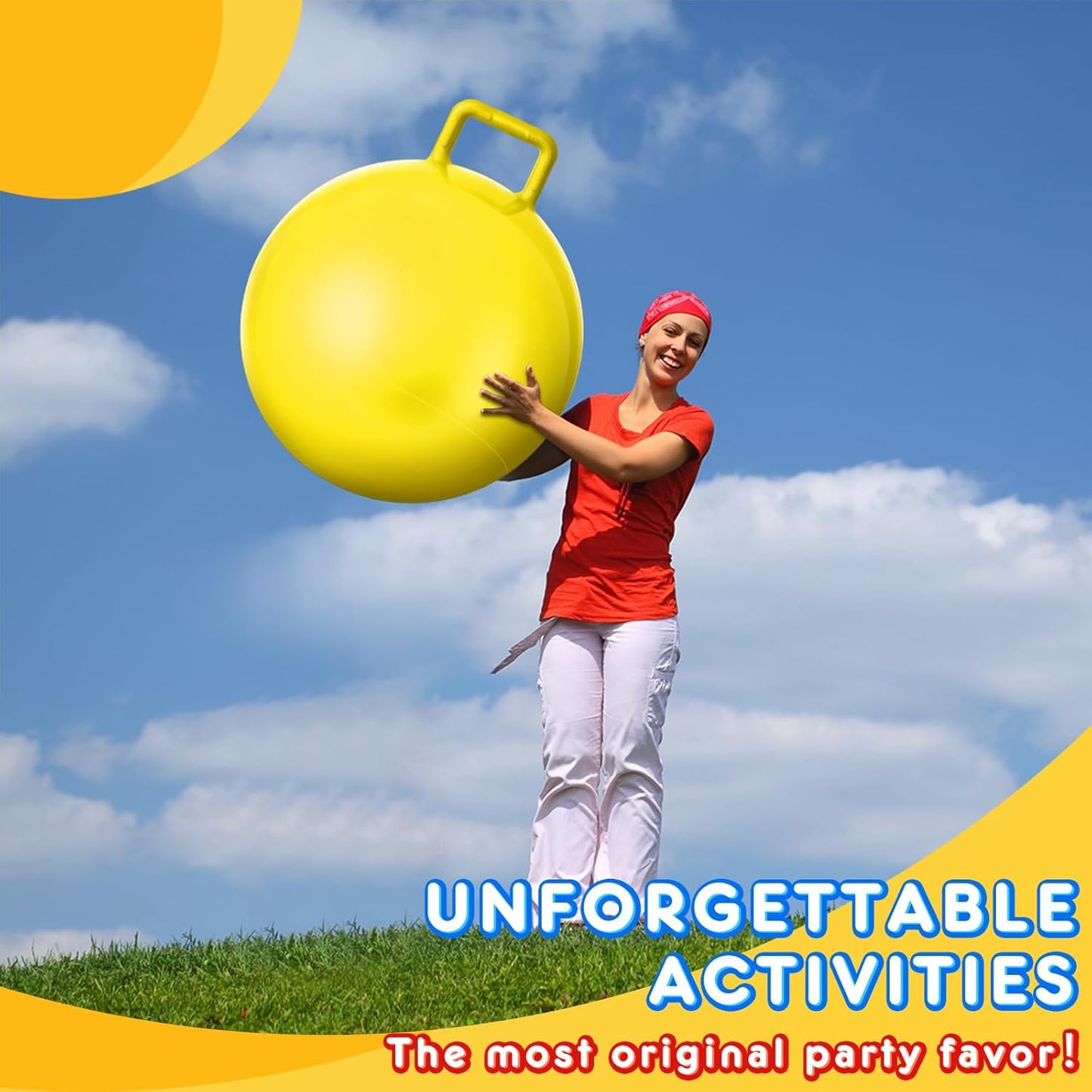 Lewtemi 3 Pcs 18 Inch Bouncing Ball with Handle, Outdoors Hopper Jumping Hopping Ball and Air Pump for Sports Exercise (Red, Blue, Yellow)