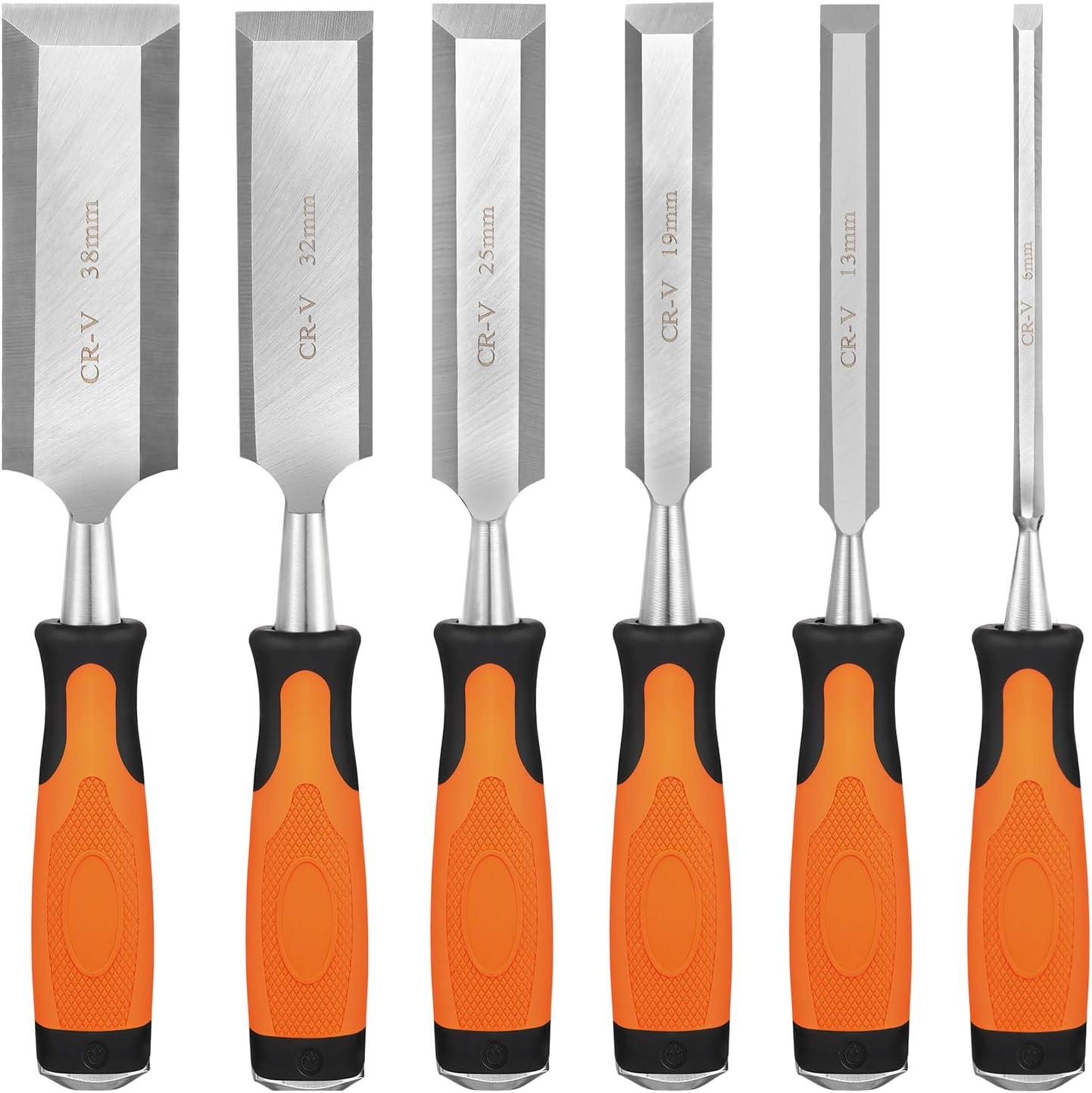 KINGBRO 6 Pcs Wood Chisel Sets, Wood Chisels for Carbon Steel Woodworking with Steel Hammer End, Durable PP+TPR High Impact Handle Wood Chisel, 6/12/19/25/32/38mm