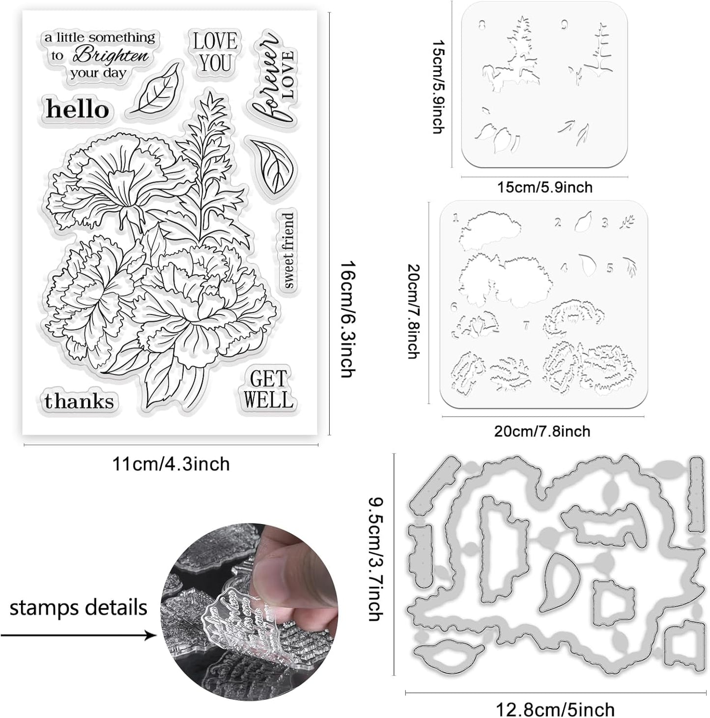 ORIGACH Dianthus Layering Stencil Stamp and Die Set for Card Making, Flower Stencil Template Silicone Clear Stamps and Metal Die Sets for DIY Scrapbooking Photo Album Crafting