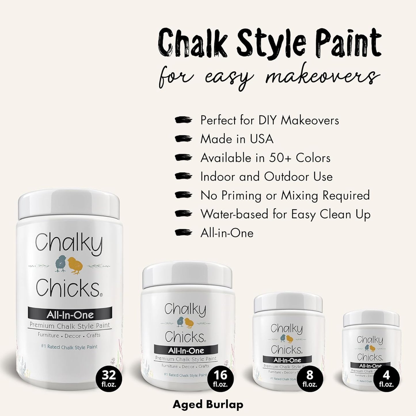 Chalky Chicks All-in-One Chalk Paint for Furniture or Cabinet - 4 Fl Oz - Matte Finish Aged Burlap White for Metal, Wood Furniture Paint - No Sanding All-in-One for Home Decor & Crafts, USA Made