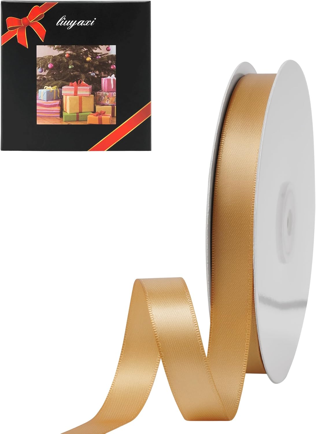 LIUYAXI Old Gold Satin Ribbon, Double Faced 5/8" X Continuous 25 Yards Ribbons Perfect for Gift Wrapping Bows Bouquet Wedding Craft and More