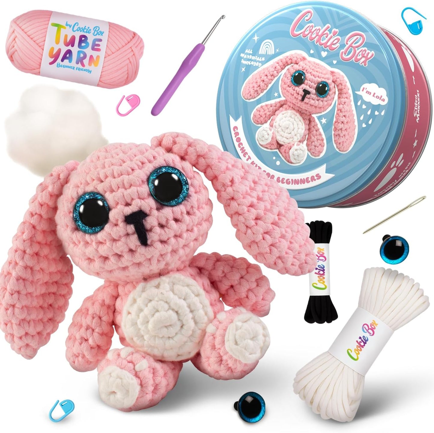Cookie Box Crochet Kit for Beginners – Gift Set to Make Bunny Lola Amigurumi Plushie – Easy DIY Crochet & Knitting Starter Kit with Video and PDF Tutorials