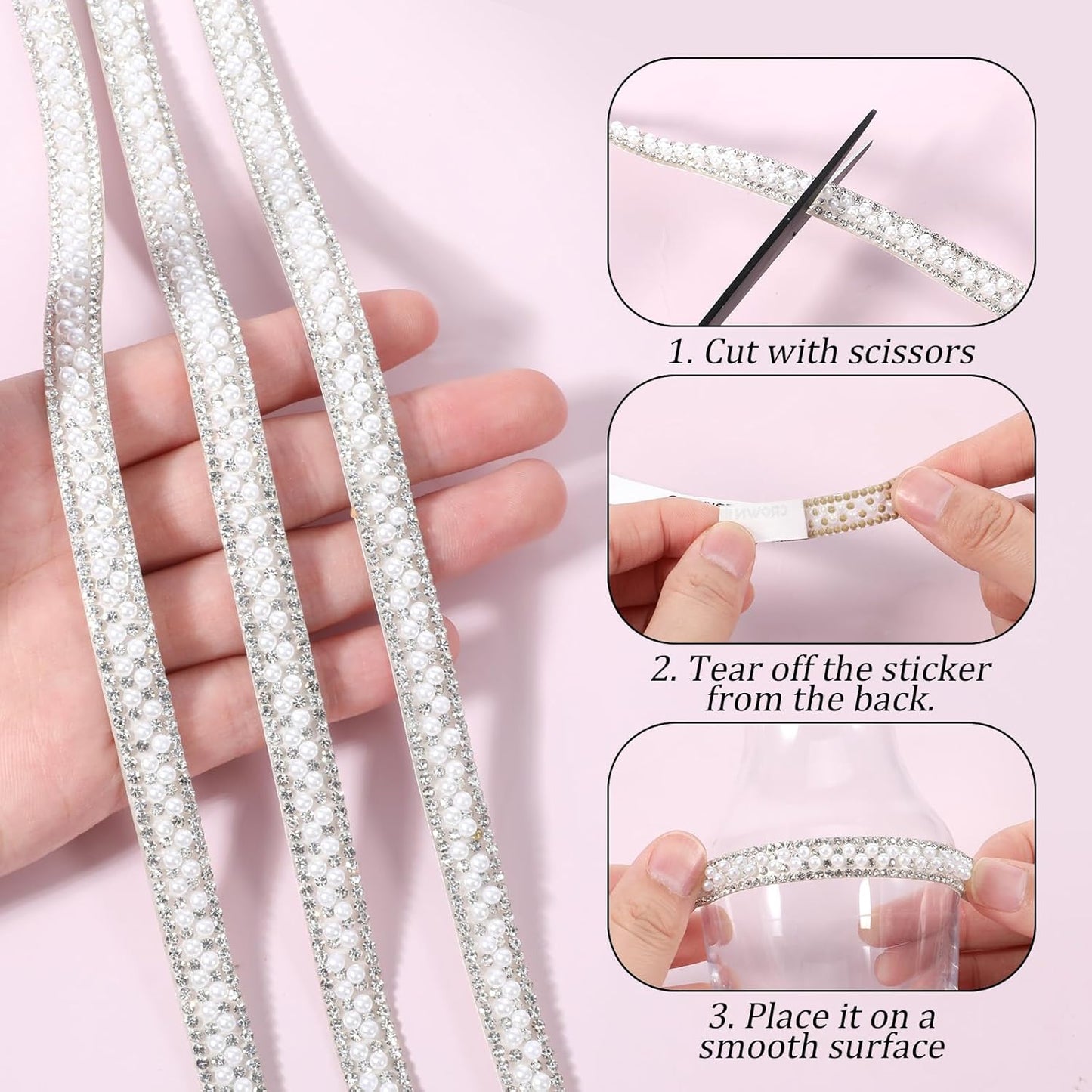 3 Rolls Pearl Rhinestone Ribbon Self Adhesive Pearl Crystal Strips Sticker Bling Pearls Strips Trims Diamond Pearls Tape for DIY Phone Clothing Crafts (3 Yard)