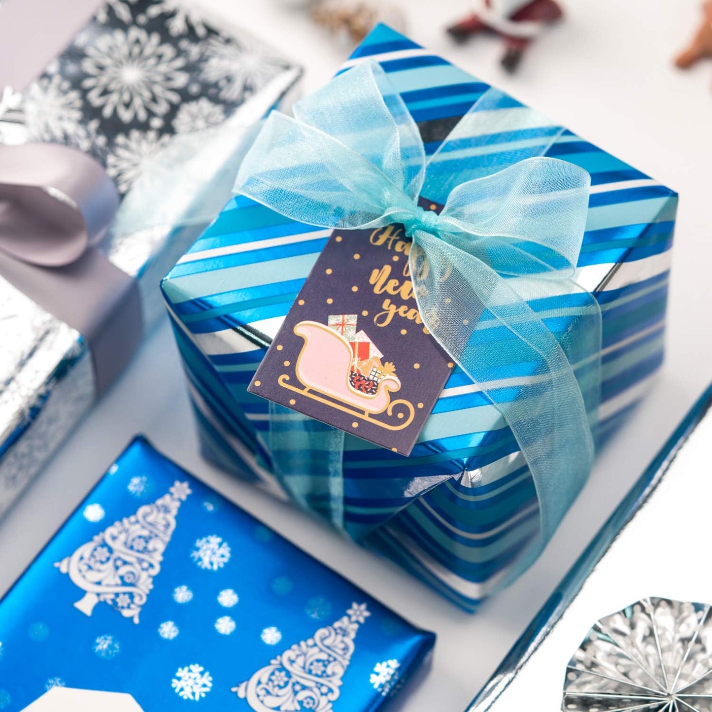 WRAPAHOLIC Blue Christmas Wrapping Paper Set - Blue and Silver Metallic Foil Shine Christmas Wrapping Paper Bundle with Gift Bow & Ribbon & Tag & Sticker