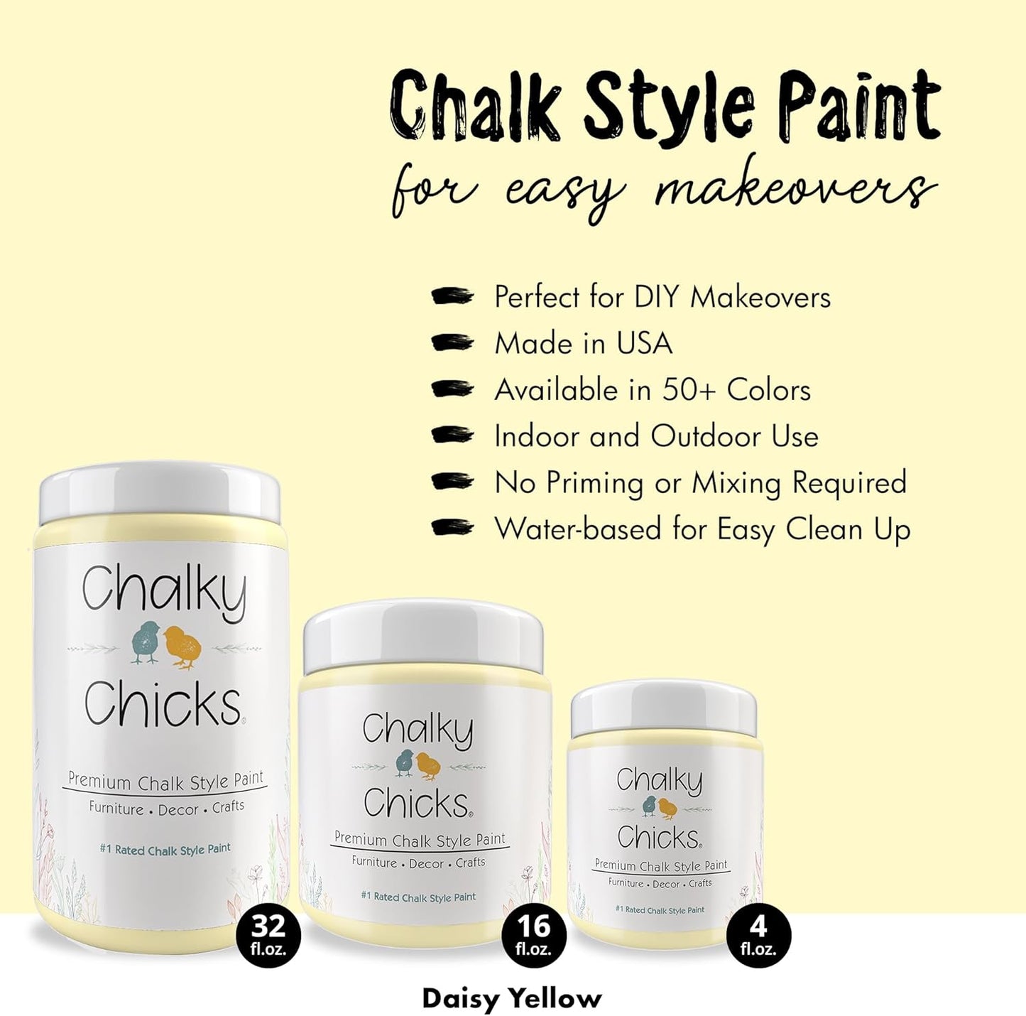 Chalky Chicks All-in-One Chalk Paint for Furniture or Cabinet - 16 Fl Oz - Matte Finish Daisy (Light Yellow) for Metal, Wood Furniture Paint - No Sanding All-in-One for Home Decor & Crafts, USA Made