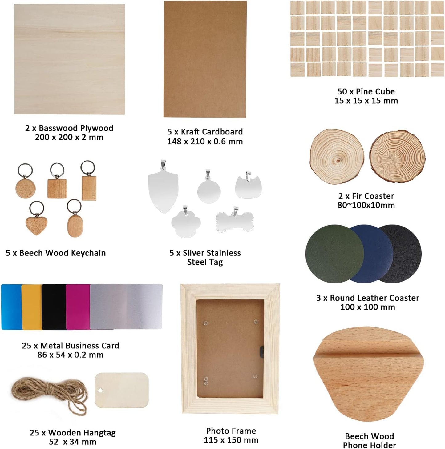 OUYZGIA Laser Engraving Material Box kit, 124 Pcs of DIY Materials for Laser Engraver with Metal Business Cards Wooden Cubes Plywood Dog Tags Photo Frames Keychains Hang Tags Leather Coasters