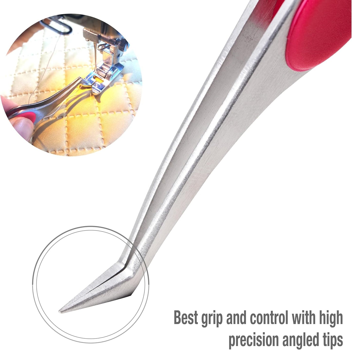 Beaditive High Precision Angled Tip Tweezers with Cushion Grip - 4.7" Craft Tweezers for Sewing, Beading & DIY Crafts - Non-Serrated Jewelry Tweezers with Fine Angled Tips - Stainless Steel (Fuchsia)
