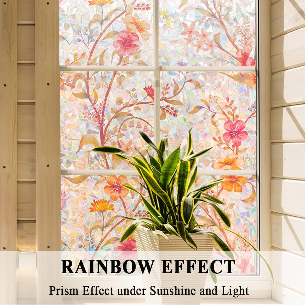 Stained Glass Window Film Static Cling Door Privacy Film Decorative Flowers Red Leaves Window Decals Stickers Heat Control Anti UV for Home and Office,23.6 inches by 78.7 inches