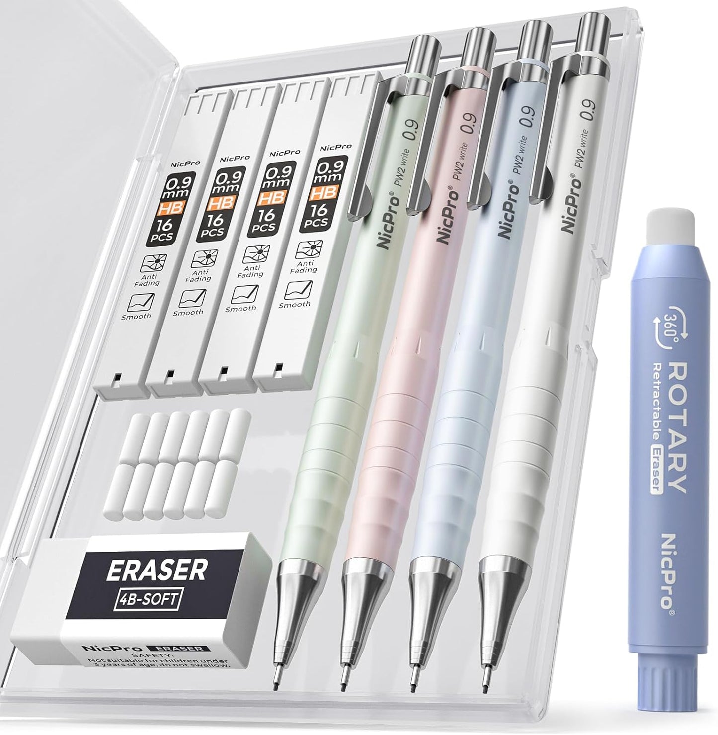 Nicpro Cute Mechanical Pencil Set, 4PCS 0.9mm Pastel Drafting Pencils with 4 Tube HB Lead Refills, 4B Erasers, Rotary Retractable Eraser and Eraser Refill for Writing Sketching Back to School Supplies