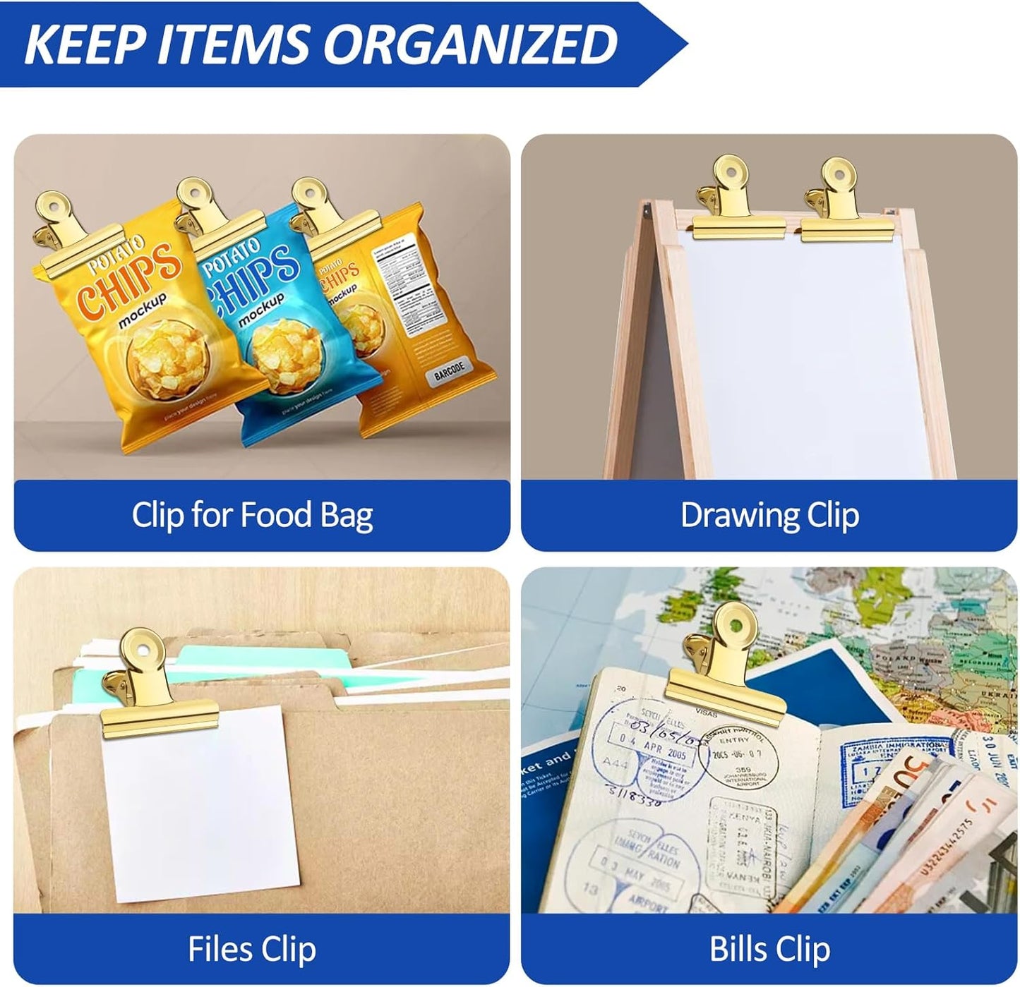 20 Pack Large Metal Hinge Clips 2 Inches Bull Hinge Paper Clips Gold Bulldog Clips for Crafts, Photo, Drawing, Food Bags at Home, Office, School, Shop, Gold, 51mm