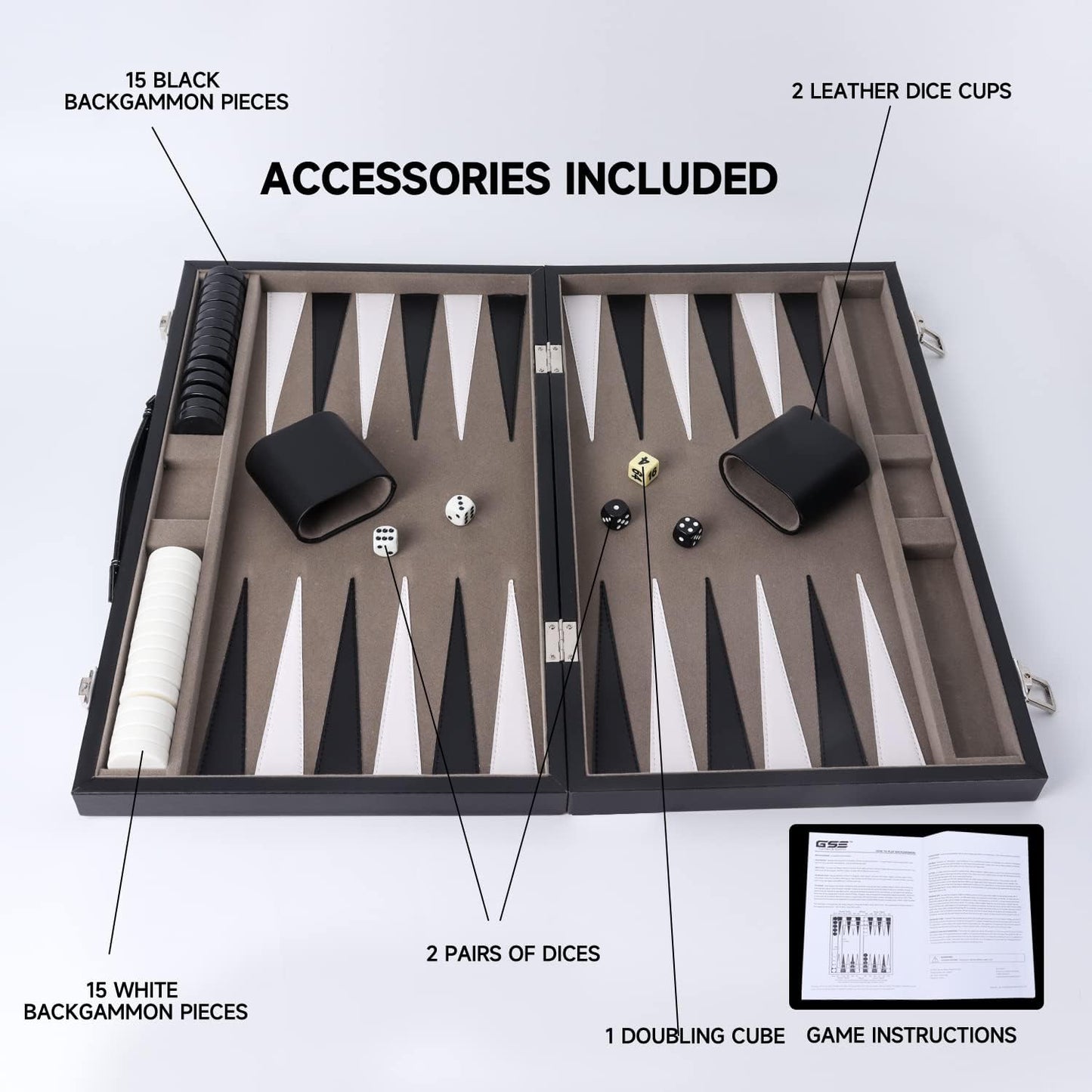 GSE Games & Sports Expert Premium Leather Backgammon Board Game Set, Classic Backgammon Game Set with Leather Case, Travel Folding Board Game (Black&Grey, Large)