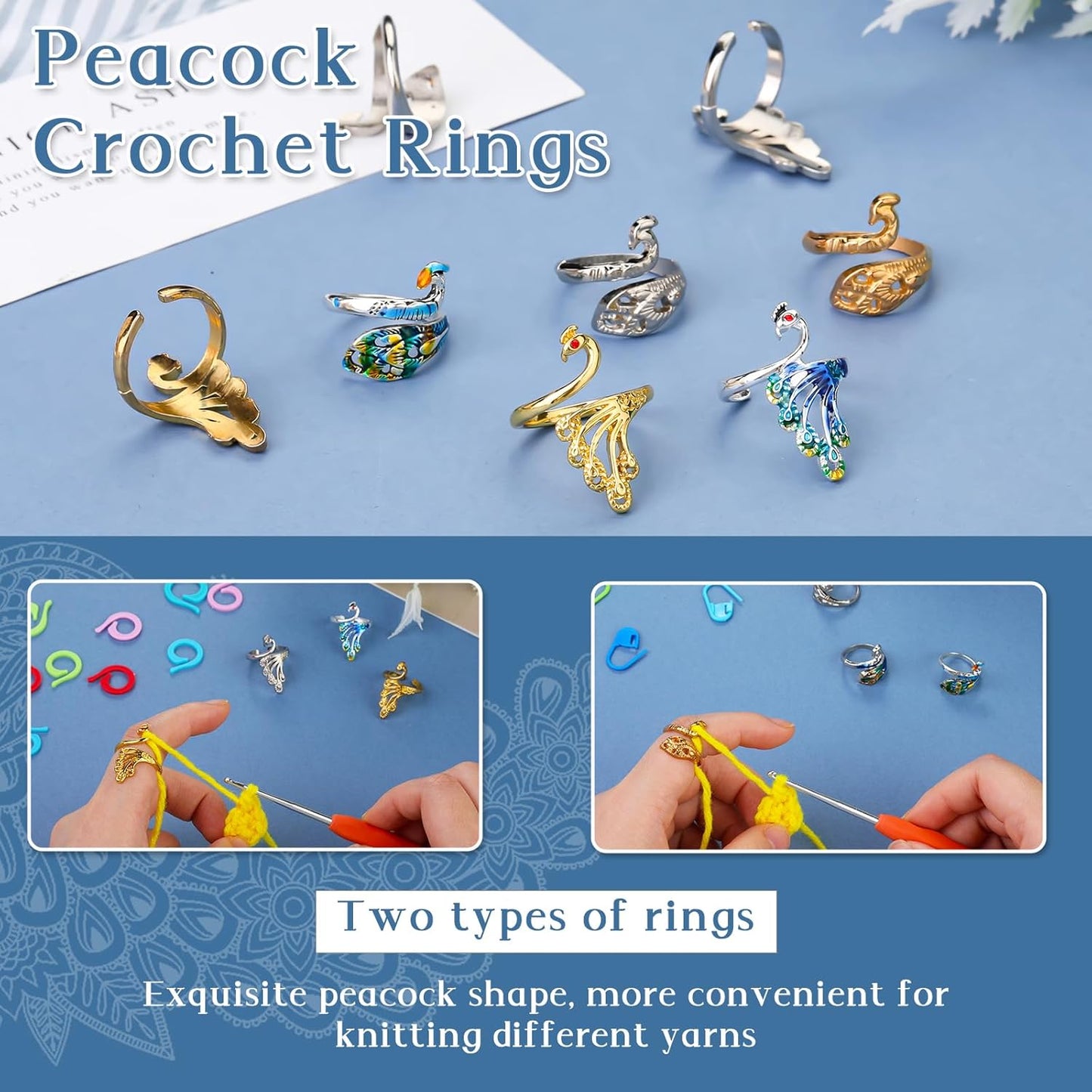 34 Pcs Adjustable Crochet Ring Set, 8 Pcs Knitting Ring, Tension Rings for Crocheting, Crochet Ring for Finger, Stitch Markers Plastic Needles for Crocheting, Crochet Accessories with Storage Box