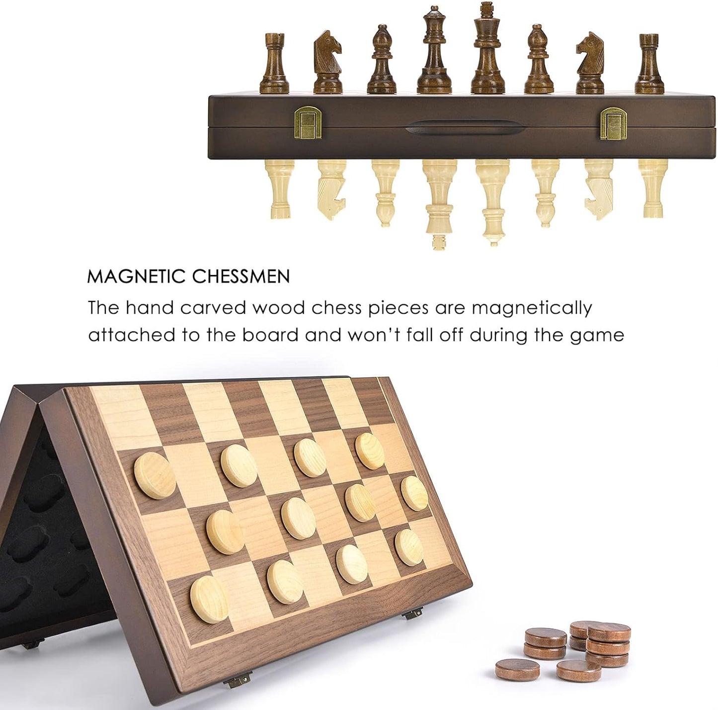 AMEROUS Magnetic Wooden Chess and Checkers Game Set, 15 Inches (2 in 1) Chess Board Games, 2 Extra Queens - Gift Package - Game Pieces Storage Slots, Beginner Chess Set for Kids, Adults