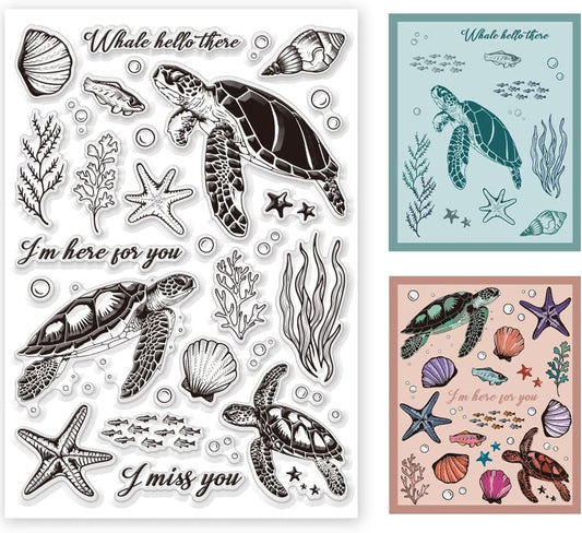 11.7 x 8.3 inch Sea Turtle Clear Stamps for Card Making Marine Organism Rubber Stamps Background Stamps for Card Making Holiday DIY Handmade Decoration Scrapbooking journaling Stamps