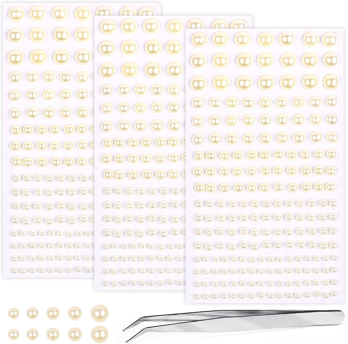 Self Adhesive Face Gems and Pearls for Makeup, Festival Jewels, Hair Gems Pearls, 3/4/5/6/8 mm Round Rhinestone Stickers for Face, Eye, Makeup, Body, Crafts 591Pcs (03_Beige Pearl)