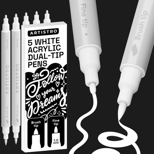 ARTISTRO 5 White Dual Tip Brush + Fine Acrylic Paint Markers - Easy for All Ages & Levels Paint Pens for Fabric, Rock, Glass, DIY - Halloween Pumpkin Painting Kit, Art Supplies, Christmas Gift