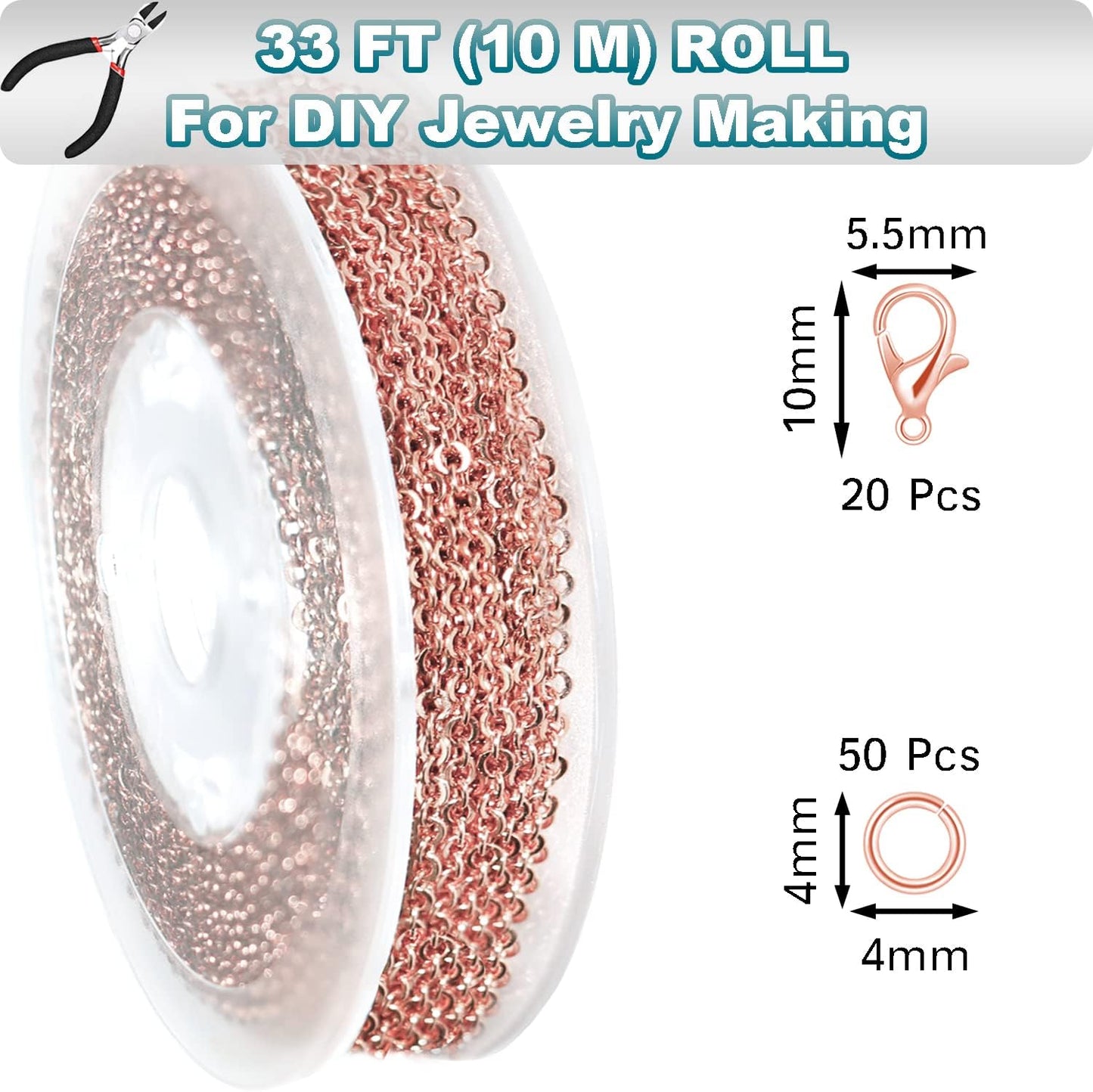 Jishi 33ft Link Cable Chain Roll 2mm, Rose Gold Chain for Jewelry Making Necklace Earring Bracelet DIY Craft Jewelry Making Findings Supplies, Rose Gold Plated Iron Metal Rolo Necklace Chain Spool Set