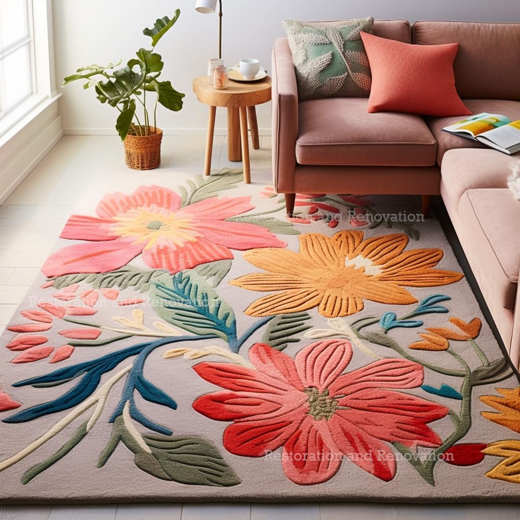 Handmade Wool Floral Area Rug for Living Room | Elegant Flower Garden Design, Soft, Thick and Durable | Bedroom, Dining Room & Home Decor Carpet (9' x 12', Floral A)