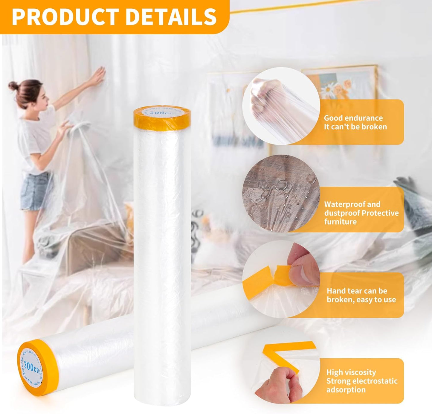 Pre-Taped Masking Film 3 Pack Each 118in x 65 feet Rolls, Tape and Drape, Painters Plastic Sheeting Drop Cloth for Automotive Painting Covering, House Decoration Furniture Floor Dustproof Cover