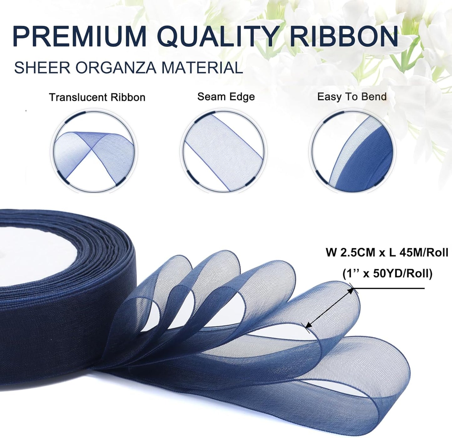 Bule Ribbon for Gift Wrapping, 1 inch 50Yard Sheer Organza Tulle Ribbon for Flower Bouquet, Navy Blue Gifts Wrap Chiffon Ribbons for Fathers Day, Wedding, Crafts, Birthday Party Decorations