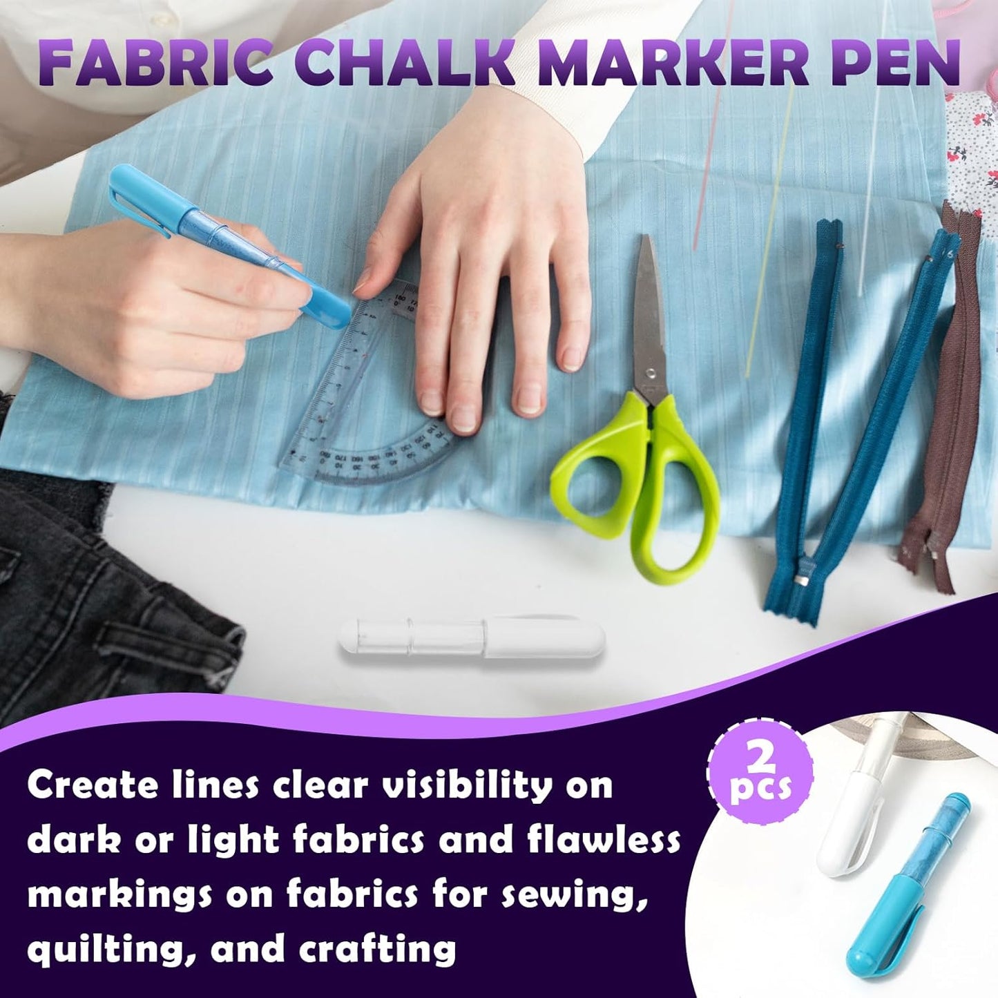 2PCS Sewing Chalk for Fabric, Wipeable and Washable Fabric Chalk for Sewing, Tailors Chalk for Fabric Etailed Marking on Fabrics, Cottons, Leathers - Blue, White