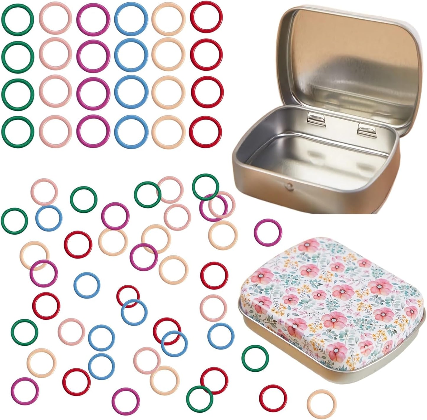 Round Shape Knitting Stitch Markers,50Pcs Multicolor Metal Stitch Markers with Floral Design Small Tin Box