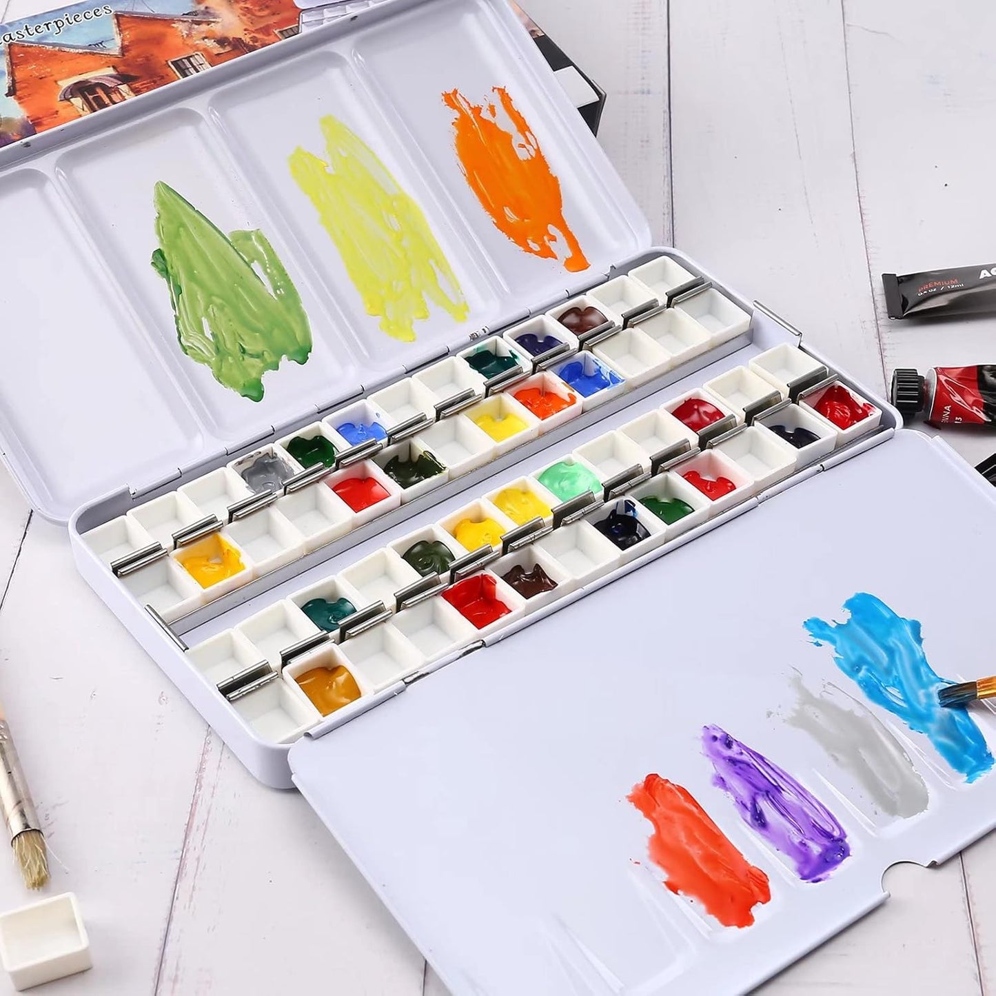 LOONENG Empty Watercolor Palette, Empty Watercolor Tin with Fold Out Palette, Large Colorful Watercolor Tray Palette with 52 Empty Half Pans for Plein Air Painting and Sketching