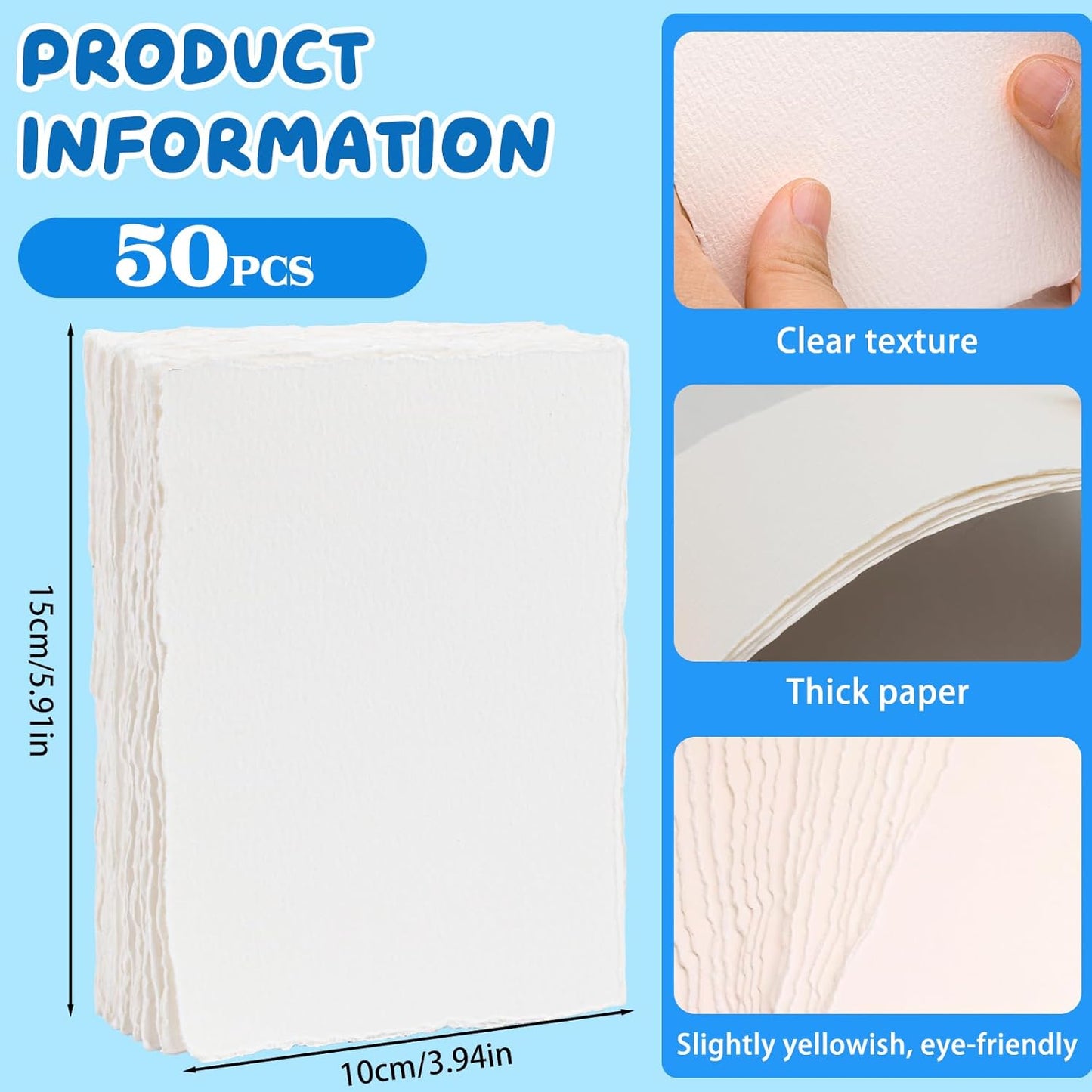 Lunarm Watercolor Paper 50 Sheets, Deckled Edge Paper 300 GSM 4 x 6 inch, Handmade Textured Cotton Paper for Wedding Invitation, Oil Pastel, Watercolor Painting and Cards, Crafts