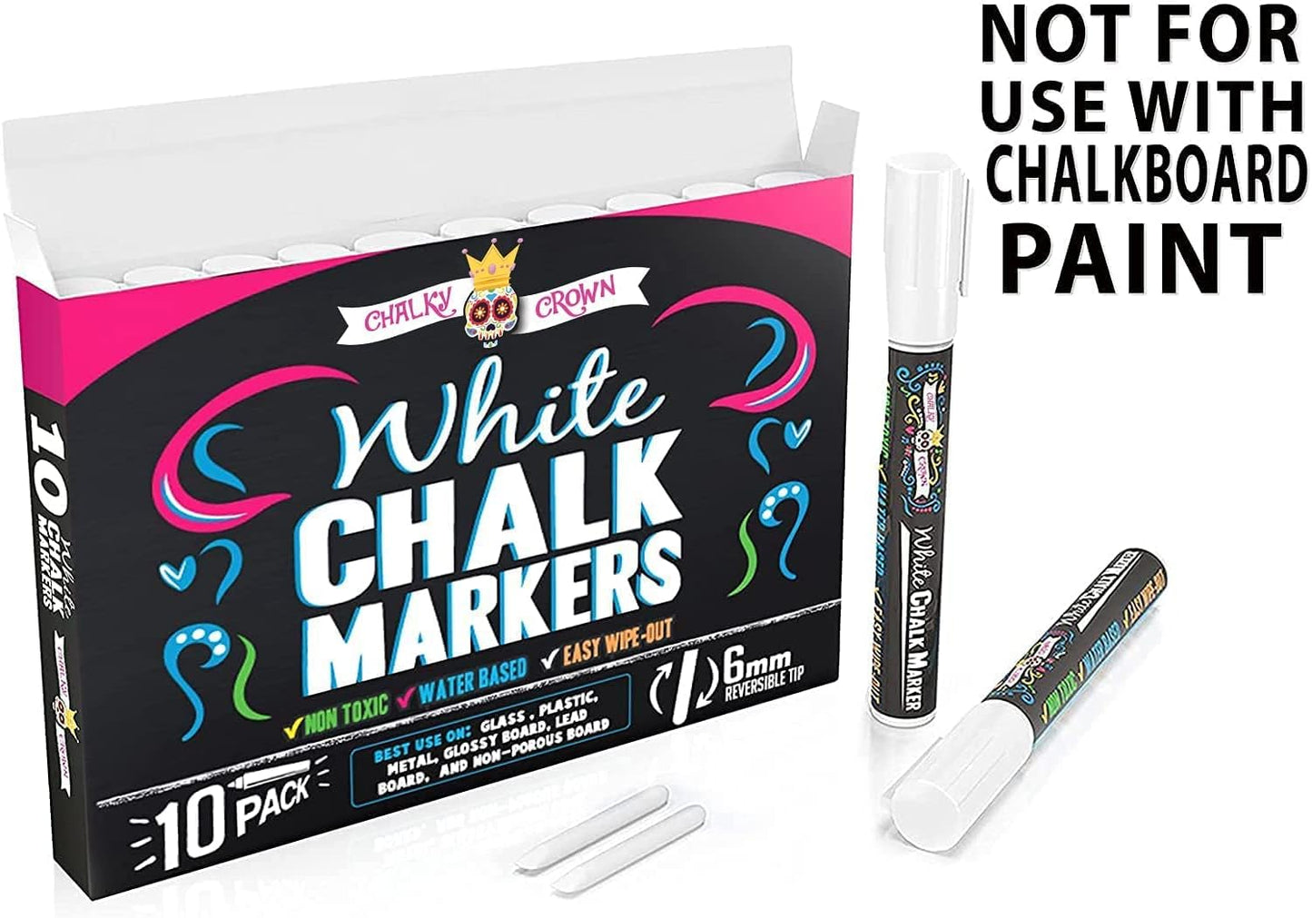 CHALKY CROWN Liquid Chalk Marker Pen - White Dry Erase Marker - Chalk Markers for Chalkboard Signs, Windows, Blackboard, Glass - 6mm Reversible Tip (10 Pack)