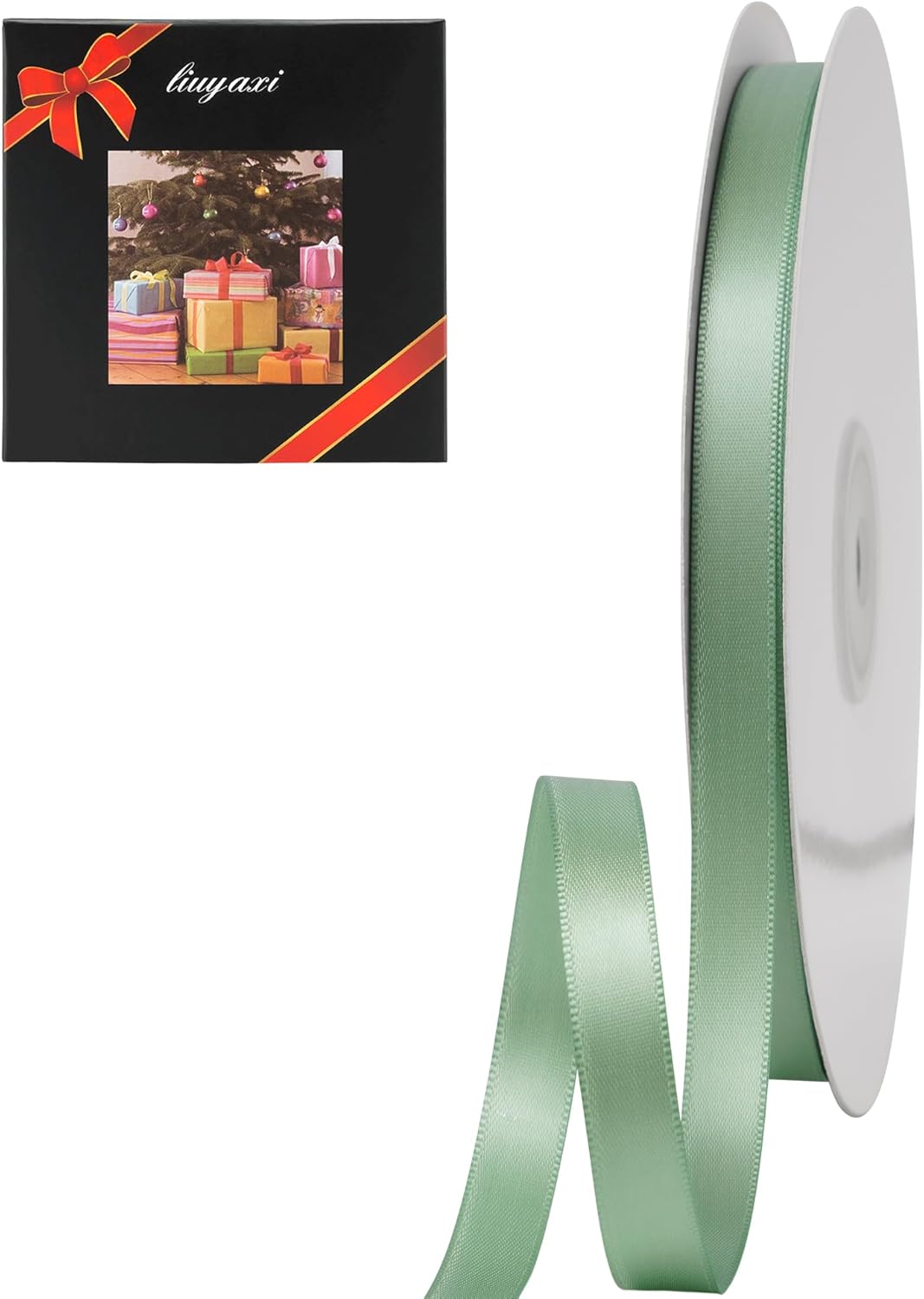 LIUYAXI Sage Green Double Faced Satin Ribbon, 3/8" X Continuous 100 Yards, Ribbons Perfect for Gift Wrapping Bows Bouquet Wedding Decor DIY Craft and More