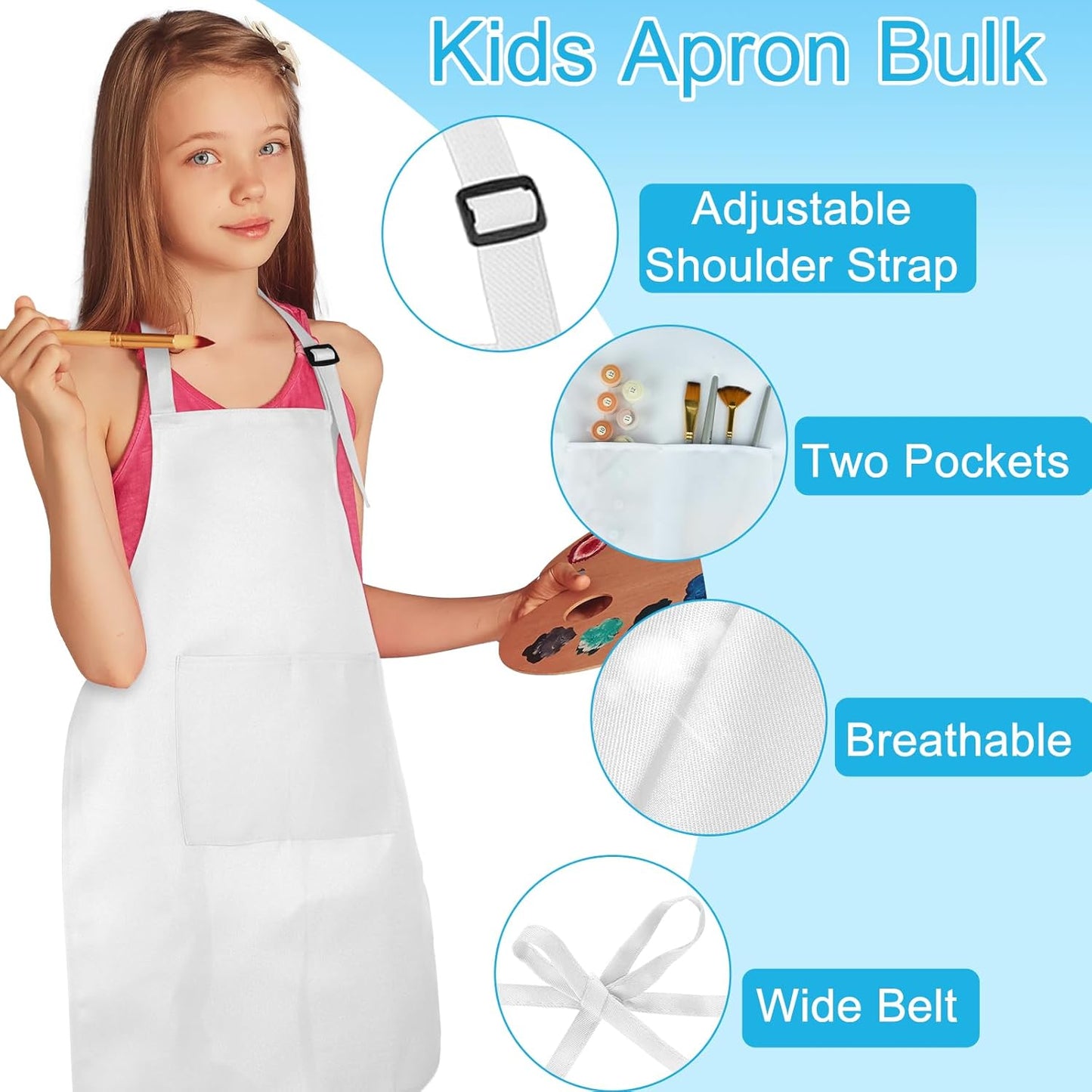 12 Pack Kids Apron bulk with 2 Pockets Adjustable Chef Art Apron Kids Painting Aprons for Cooking Baking Painting Crafting Grilling Activity（White）