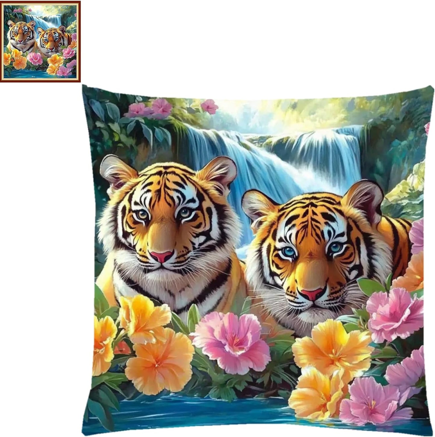 Fanxvivy Stamped Cross Stitch Kits for Adults Beginners Pillow Needlepoint Kit with Embroidery Pattern Needlework Kit Prestamped Stitches Kit 11CT Cross Stitching-Flower Tiger 18x18 inch