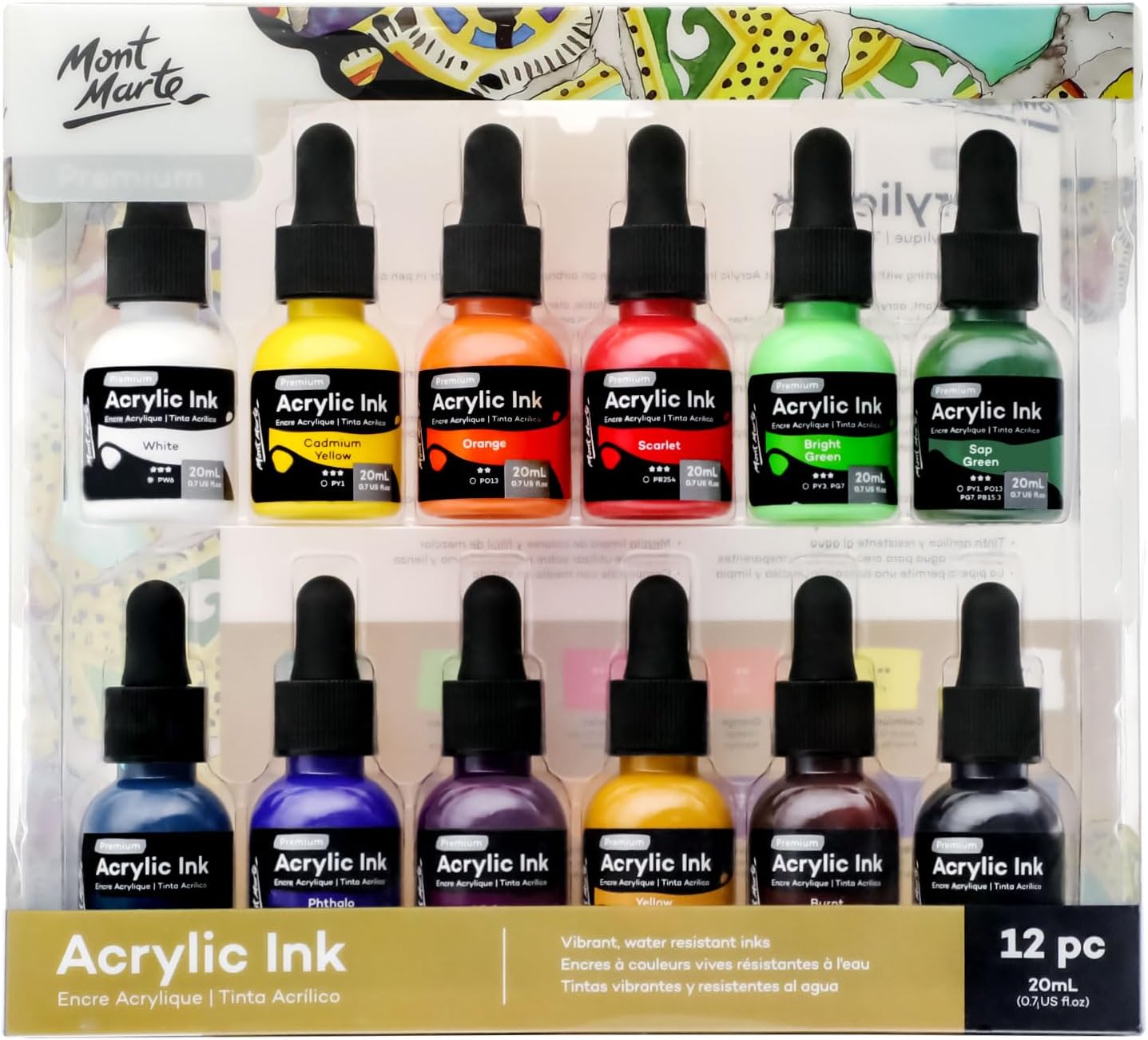Mont Marte Acrylic Ink Premium 12pc x 20ml (0.7 US fl.oz), Acrylic Inks for Artists, Essential Colors, Ideal for Air Brush, Pouring Art, Scrapbooking, Ink Drawing, Mixed Media