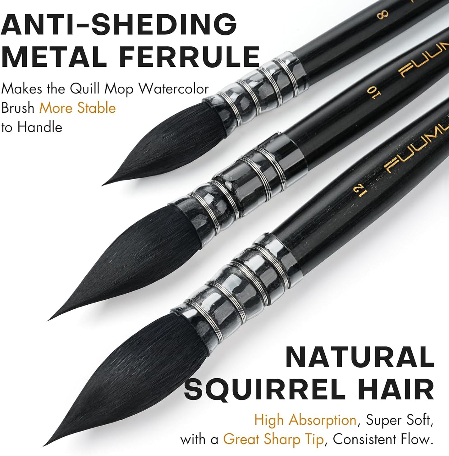 Professional Watercolor Brush, Fuumuui Natural Squirrel Hair Mop Brush, Round Quill Detail Fine Tip Watercolor Paint Brush for Water Color Gouache Ink Painting - Sizes #8