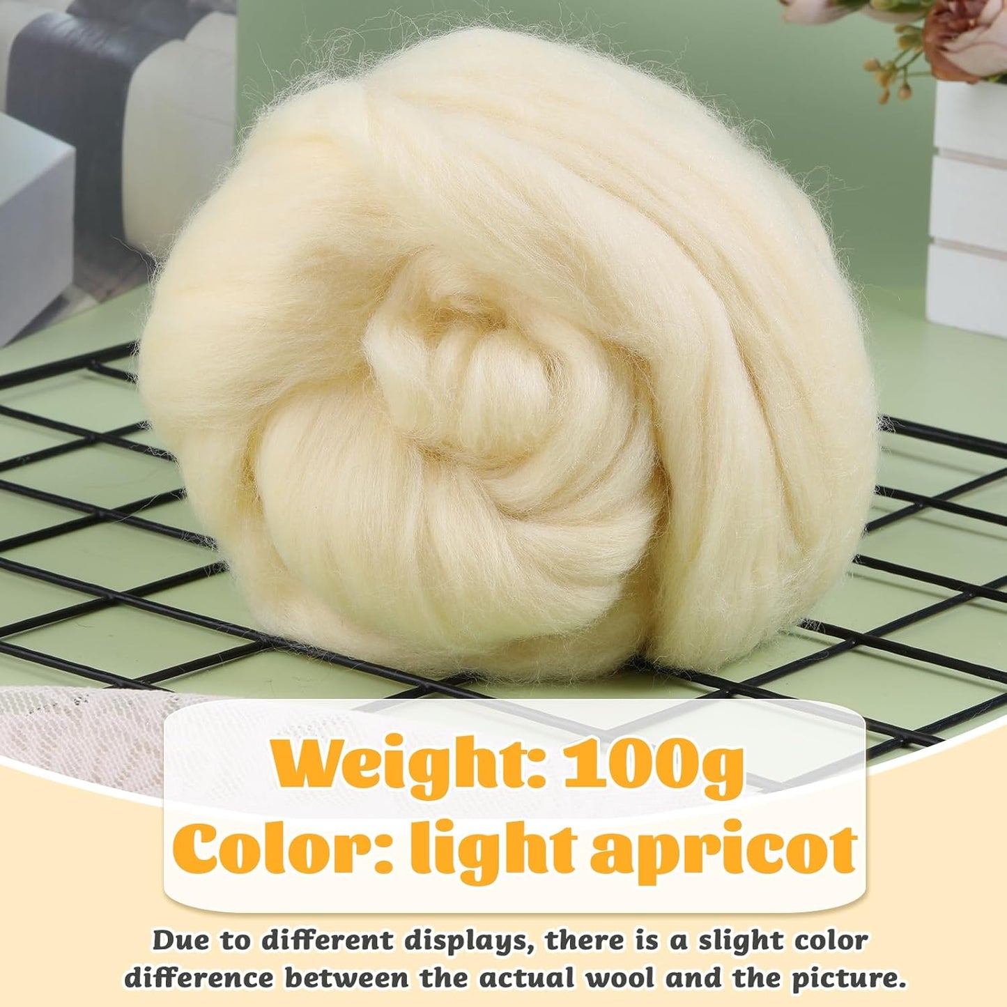 3.53oz Wool Roving Yarn, Wool Felting Supplies, Pure Wools, Chunky Yarn, Spinning Wool Roving for Needle Felting Wet Felting DIY Hand Spinning (Apricot White)