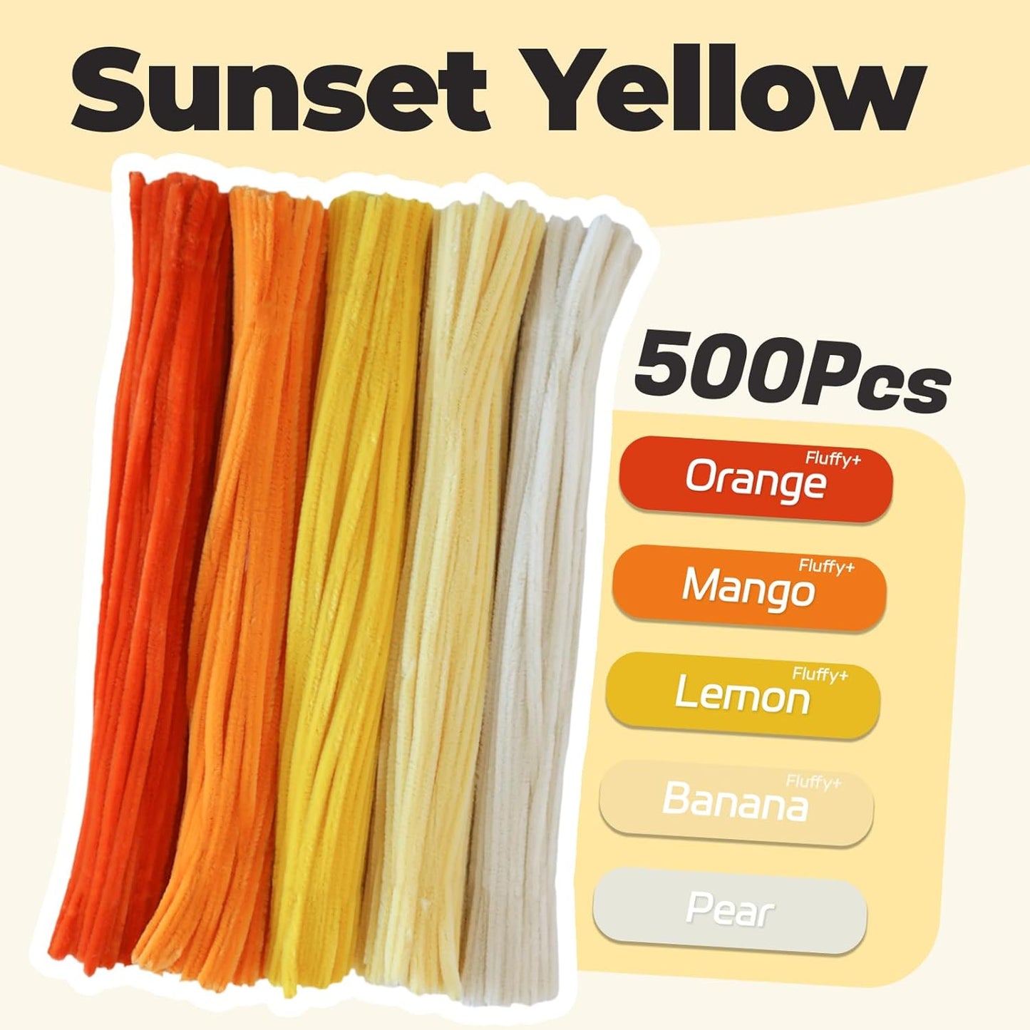 Vibrant Sunset Yellow Pipe Cleaners - 500pcs, Thick Fluffy Chenille Stems for Arts & Crafts, DIY Animals, Flowers, Festive Decorations (12in x 0.24in)