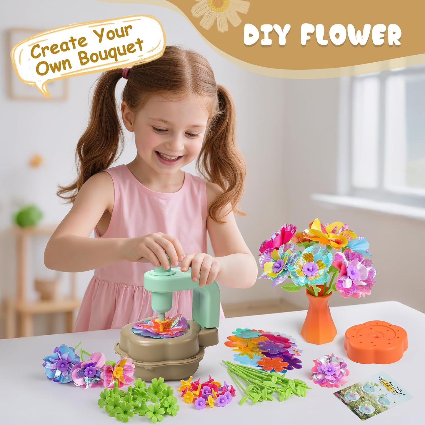 Scvcid DIY Art Flower Toys Include Extra Accessories Set, Arts and Crafts Activity Kit for Kids Ages 3-12, Fabric Bouquet Craft for Toddler, Birthday Gifts for 3 4 5 6 7 8 9 10 11 12 Year Old Girls