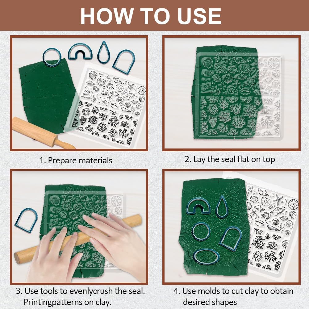 CHGCRAFT Polymer Clay Texture Sheets - Ocean Silicone Stamp for Coral Shells - Clay Pad for Making Earrings Jewelry, 5.5x5.5inch