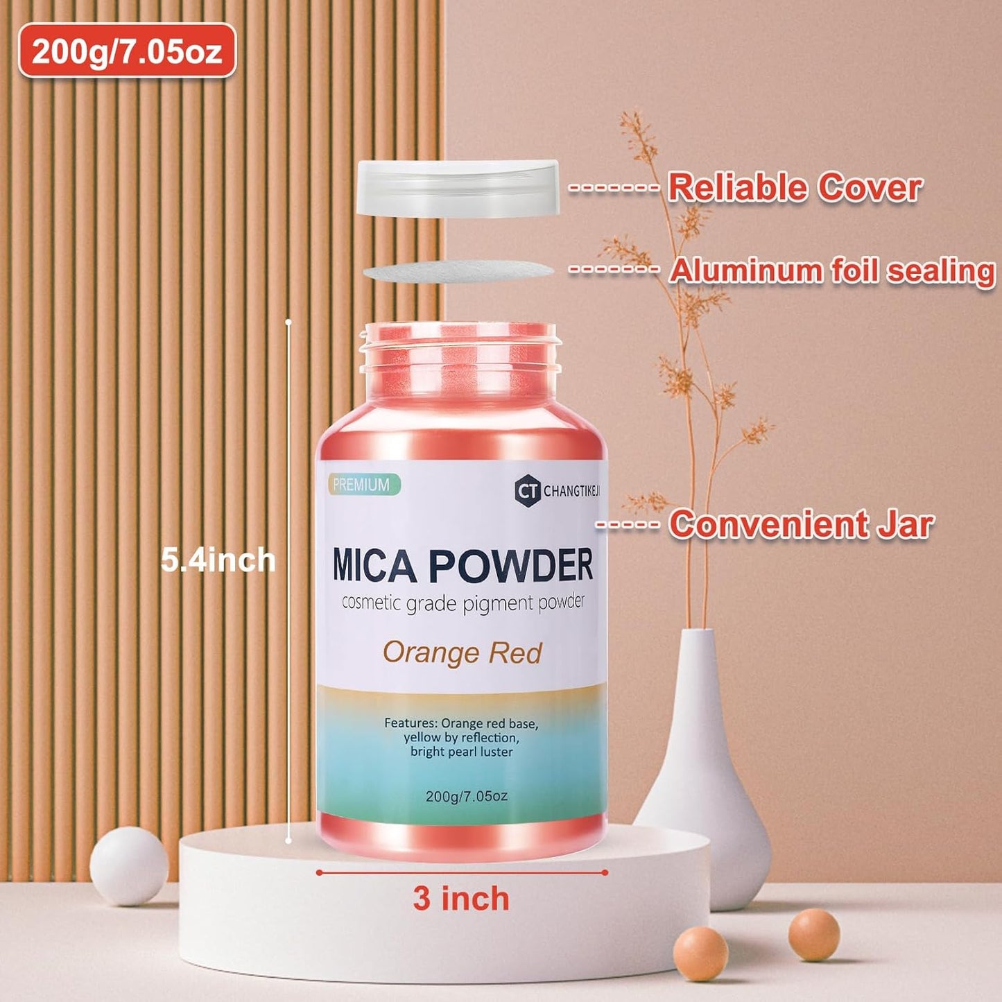 Mica Powder,7.05OZ（200g）,Orange Red Mica Powder Pigment for Epoxy Resin，Lip Gloss，Car Paint，Dye，Soap Making，Nail Polish,Epoxy Resin,Candle Making,Bath Bombs