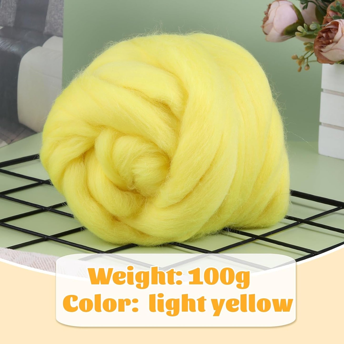 3.53oz Wool Roving Yarn, Fiber Roving Wool Top, Needle Felting Supplies, Pure Wools, Chunky Yarn, Spinning Wools for Needle Felting Wet DIY Hand Spinning (Light Yellow)