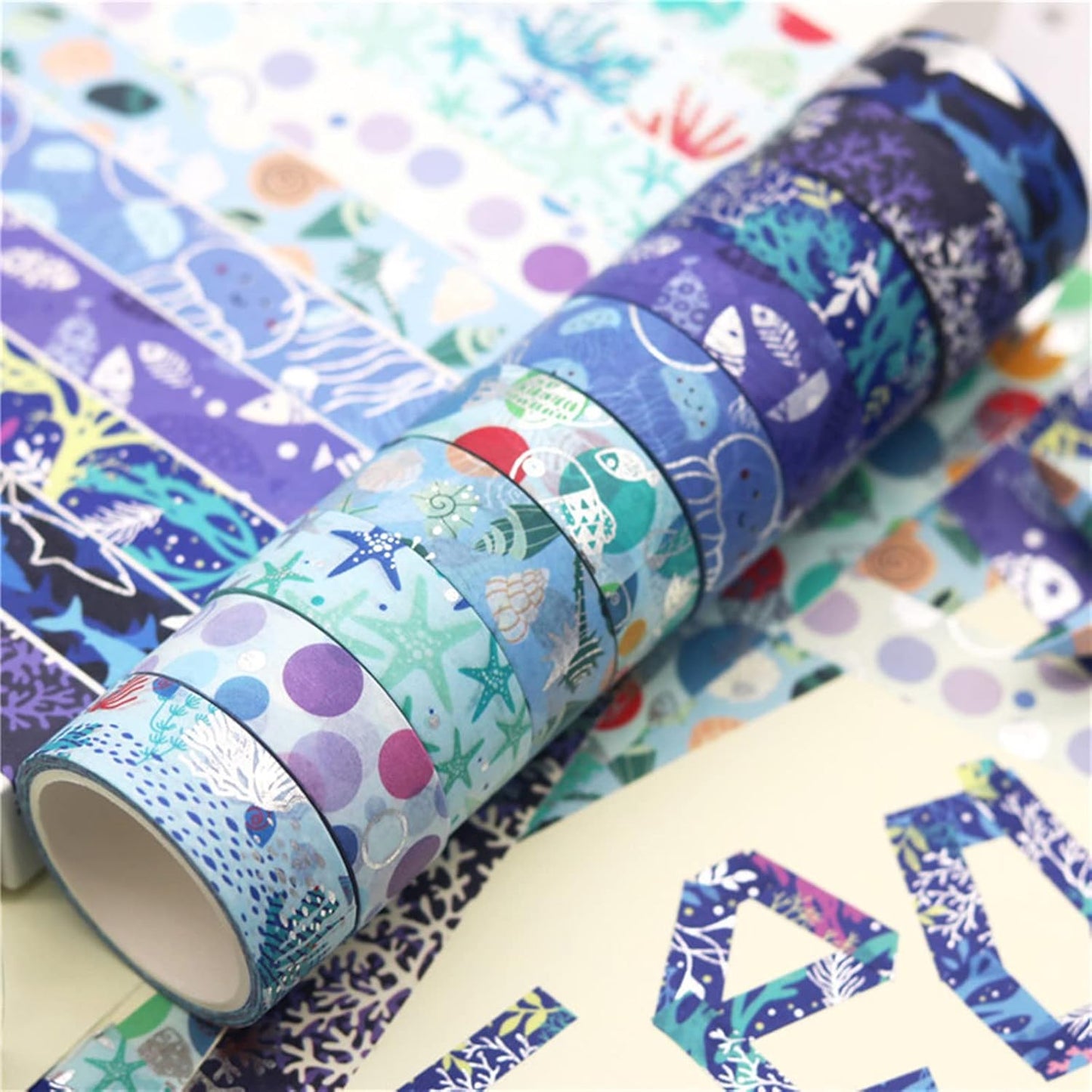 Blue Ocean Washi Tape Set 10 Rolls Bronzing Sea Decorative Masking Tapes for Scrapbooking, Bullet Journal, Planner, DIY Crafts, Gift Wrapping