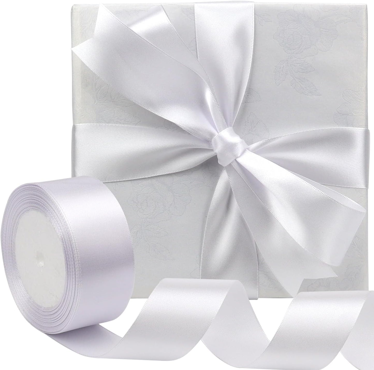 White Solid Satin Ribbon 1-1/2 Inch 25 Yards Solid Polyester Fabric Ribbon for Gift Wrapping Wedding Christmas Baby Shower Birthday Party Decoration Handmade Immortal Flower Craft